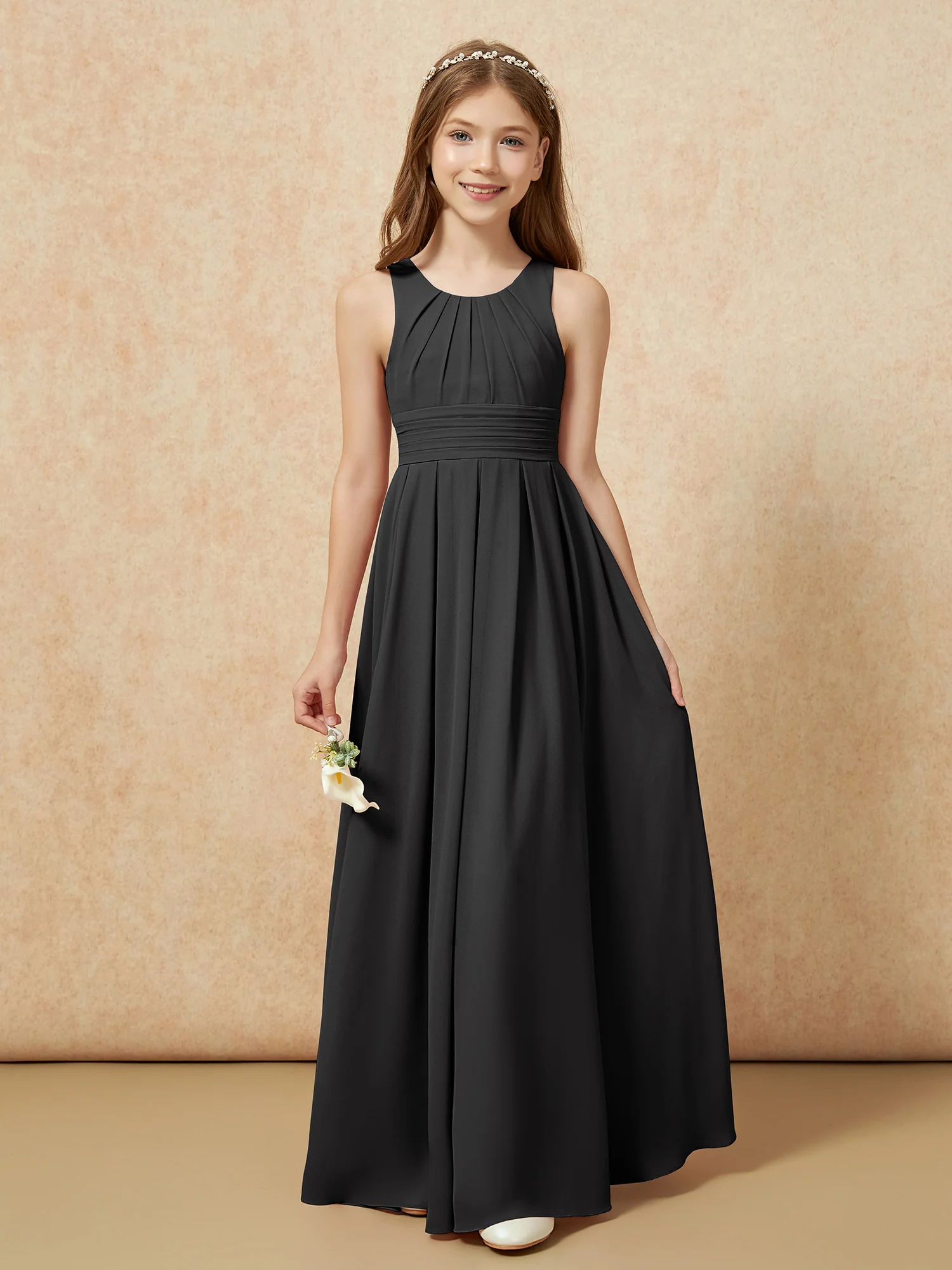 Scoop Neck Pleated Long Junior Bridesmaid Dresses Black - Image 5