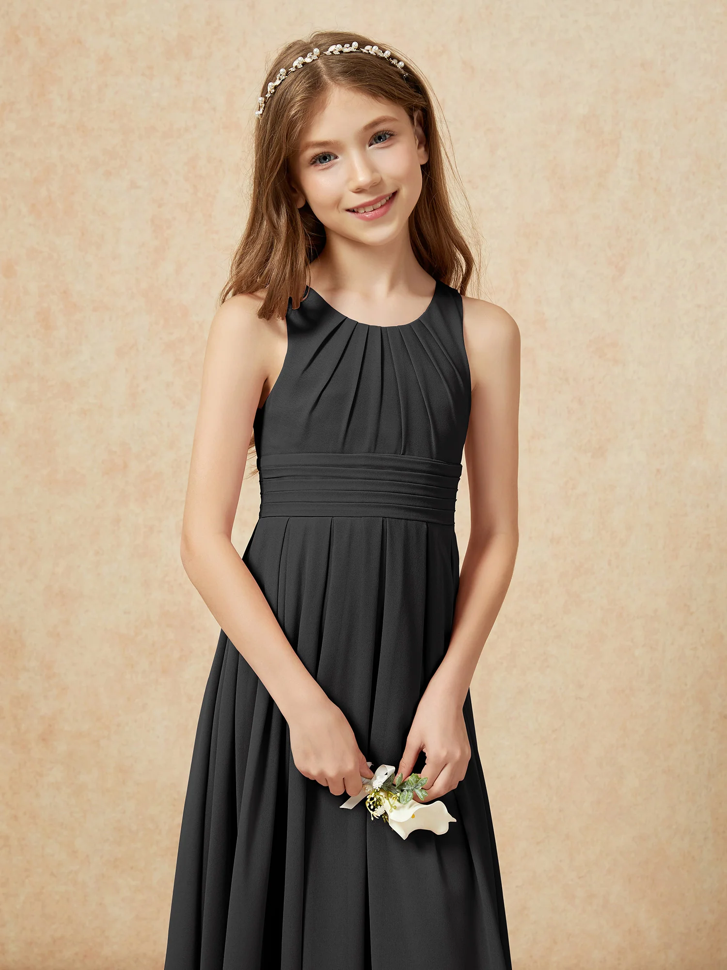 Scoop Neck Pleated Long Junior Bridesmaid Dresses Black - Image 6