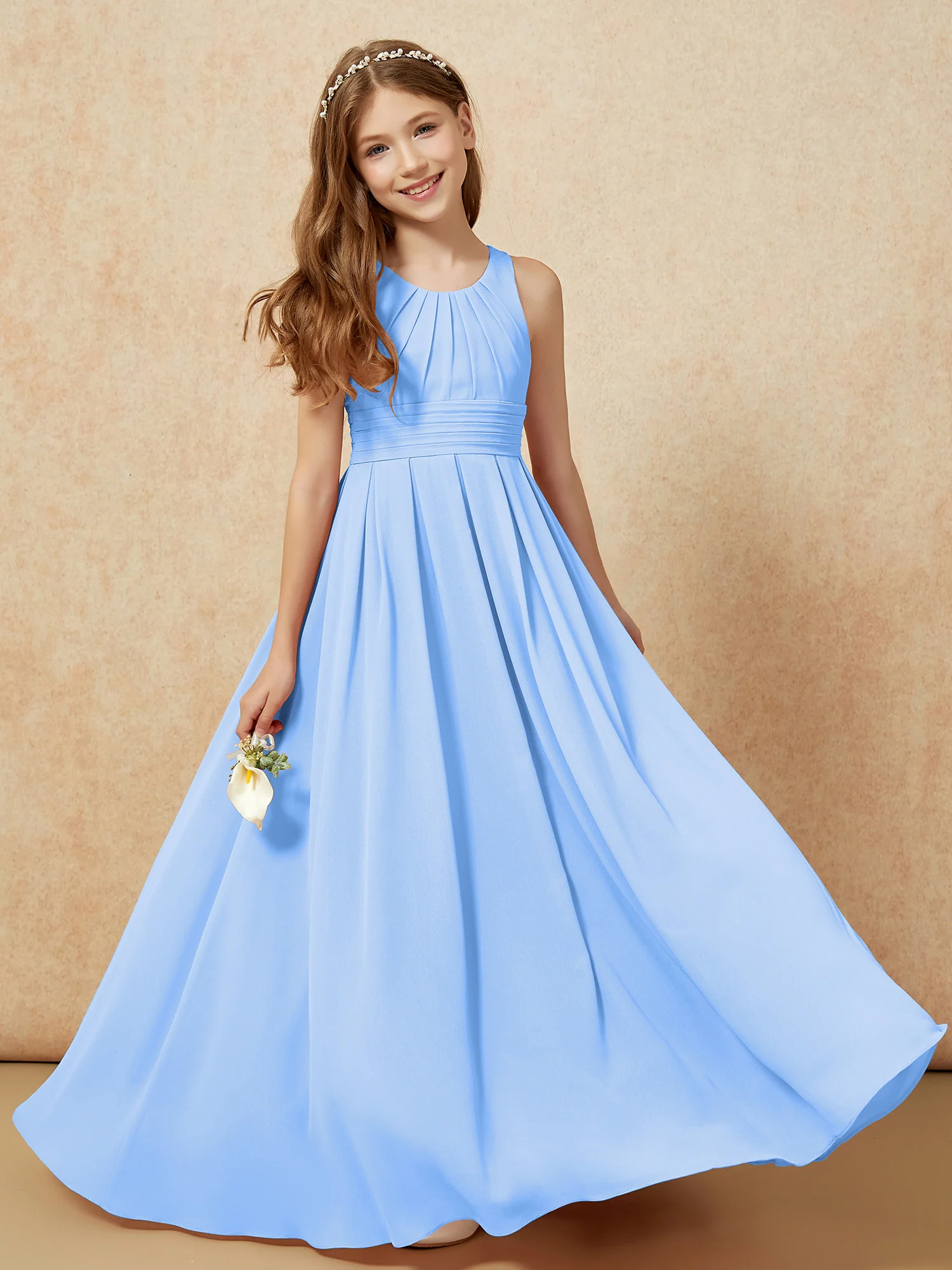 Scoop Neck Pleated Long Junior Bridesmaid Dresses Blue