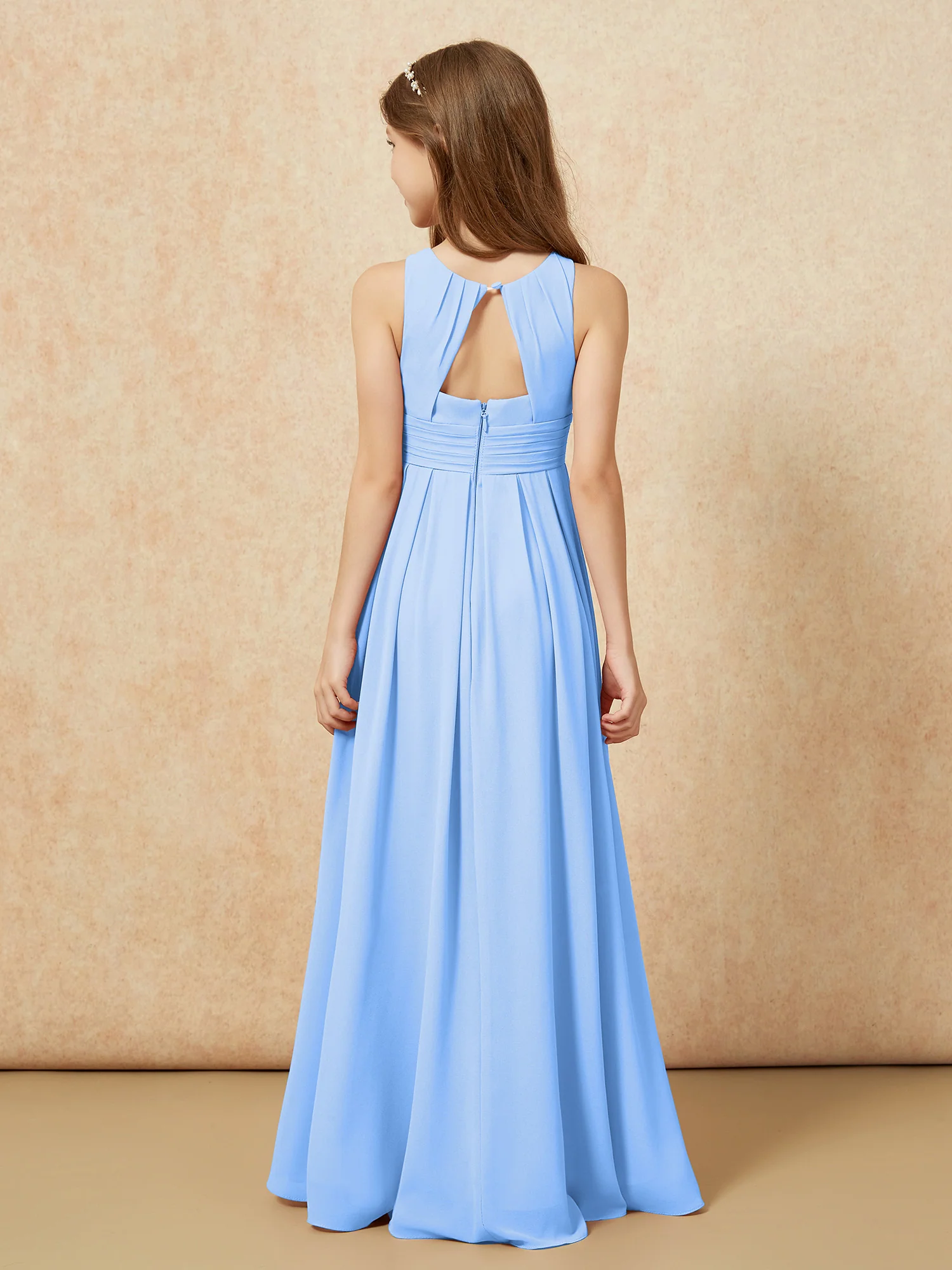 Scoop Neck Pleated Long Junior Bridesmaid Dresses Blue - Image 2