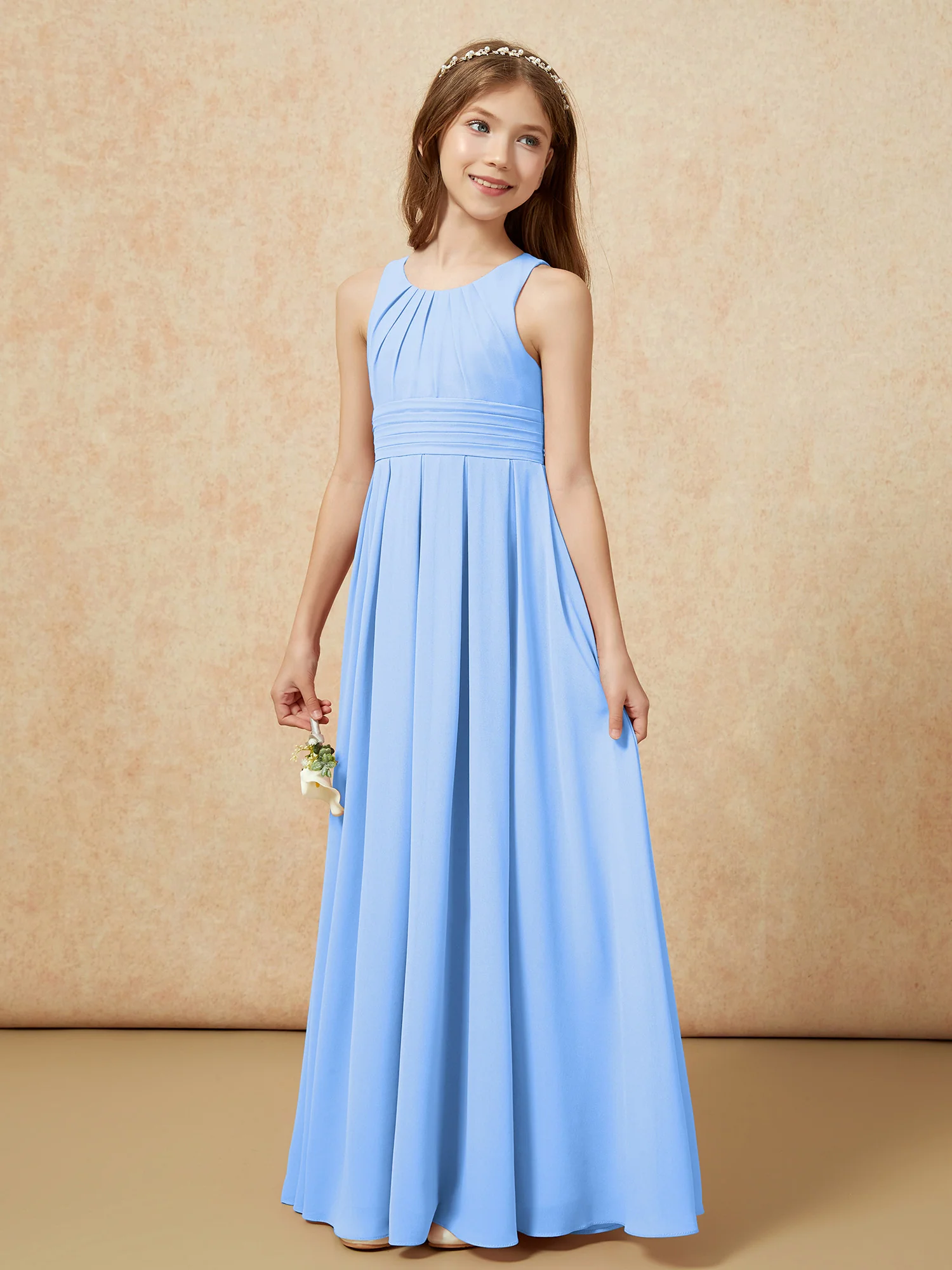 Scoop Neck Pleated Long Junior Bridesmaid Dresses Blue - Image 3