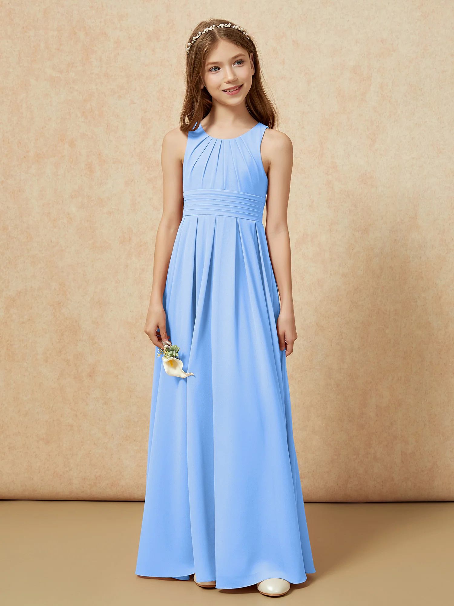 Scoop Neck Pleated Long Junior Bridesmaid Dresses Blue - Image 4
