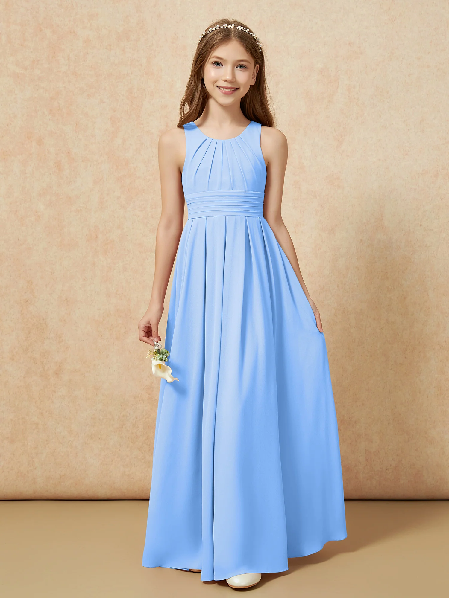 Scoop Neck Pleated Long Junior Bridesmaid Dresses Blue - Image 5