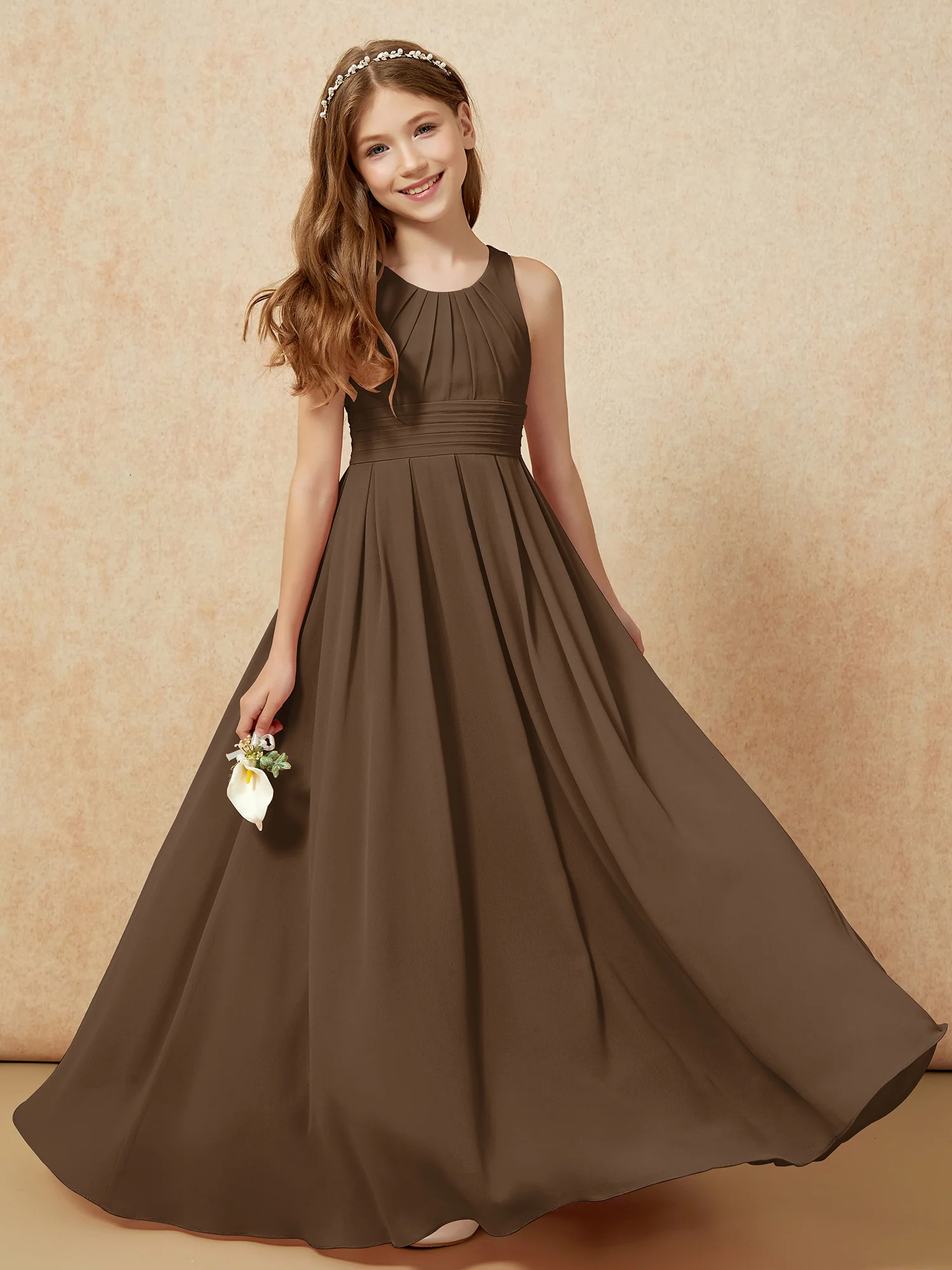 Scoop Neck Pleated Long Junior Bridesmaid Dresses Brown