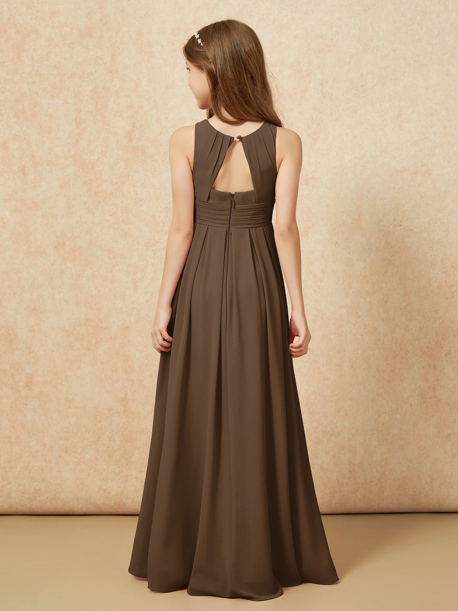 Scoop Neck Pleated Long Junior Bridesmaid Dresses Brown - Image 2