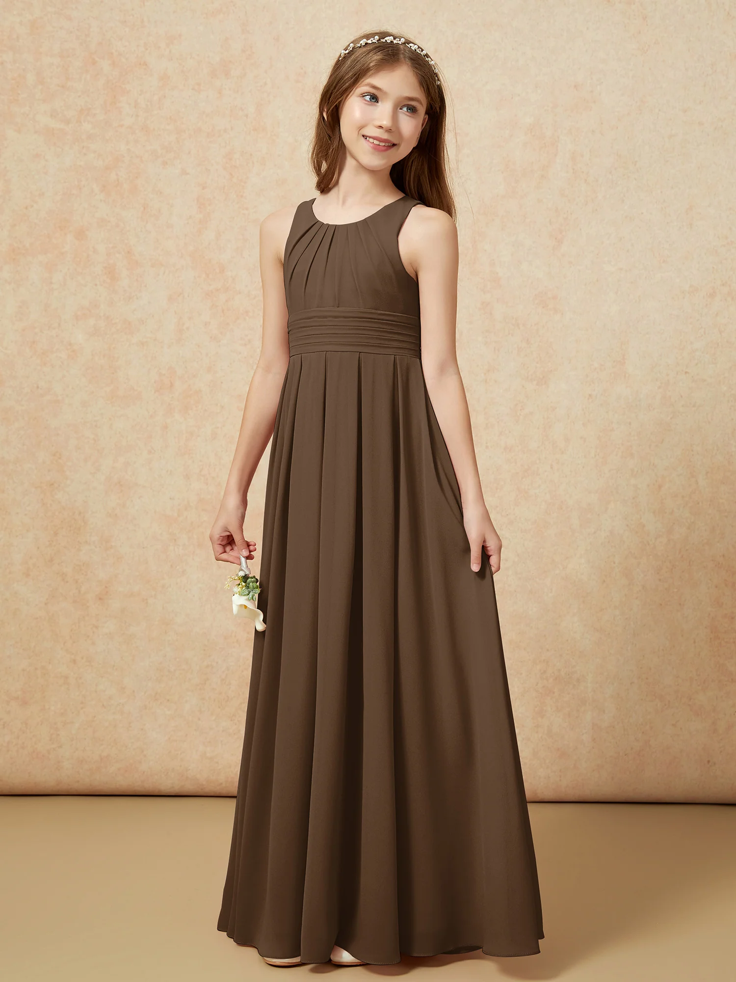 Scoop Neck Pleated Long Junior Bridesmaid Dresses Brown - Image 3