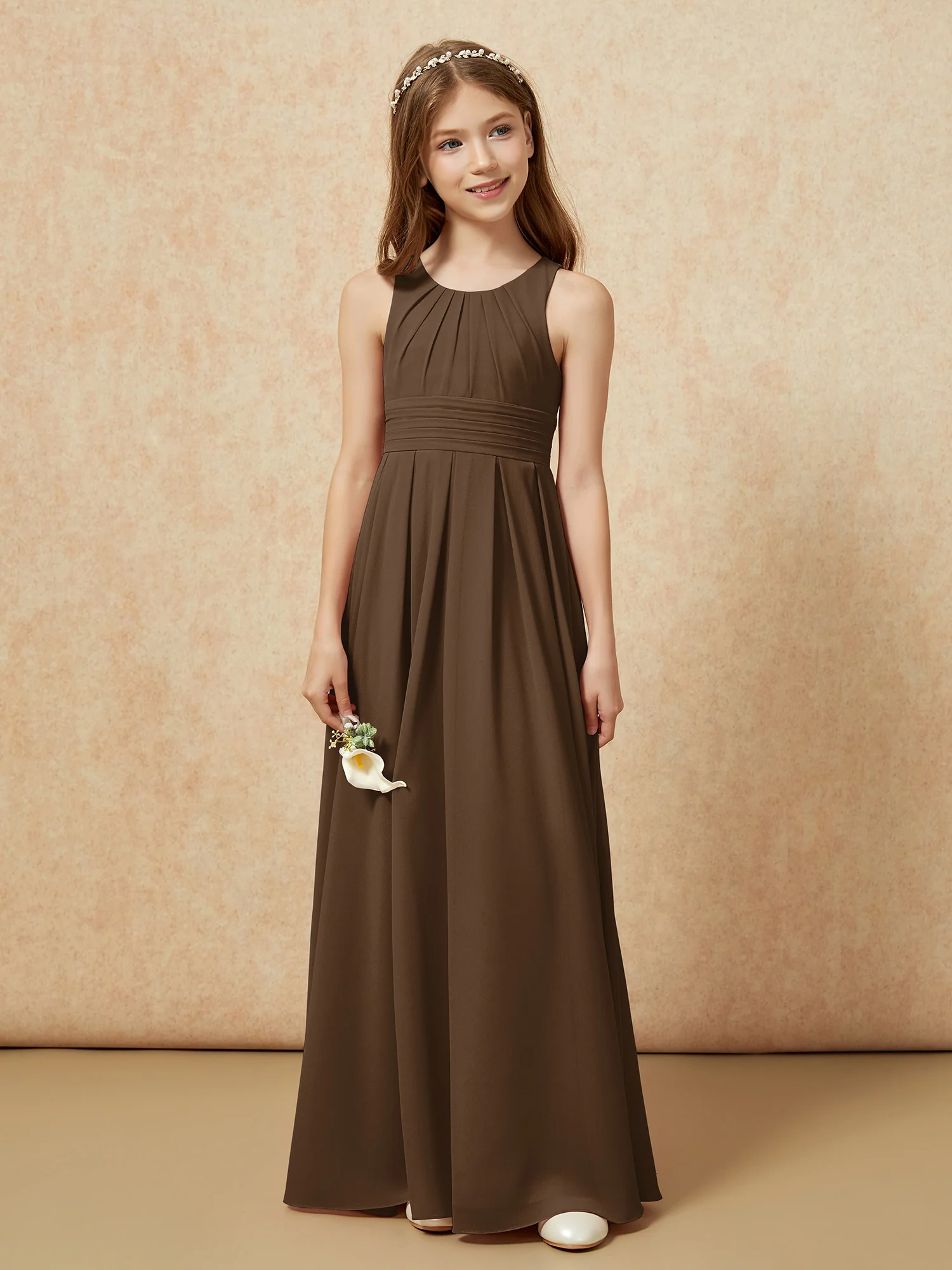Scoop Neck Pleated Long Junior Bridesmaid Dresses Brown - Image 4