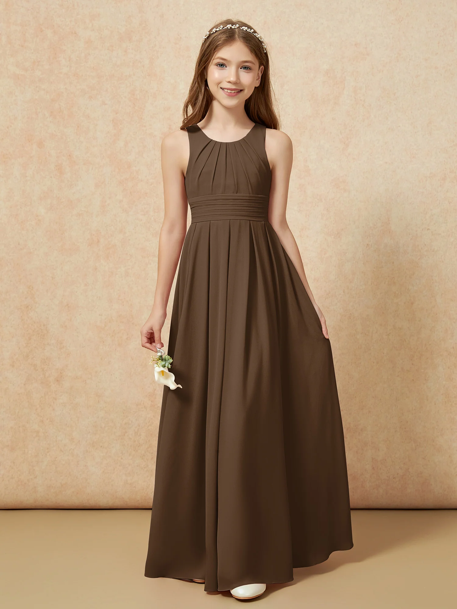 Scoop Neck Pleated Long Junior Bridesmaid Dresses Brown - Image 5