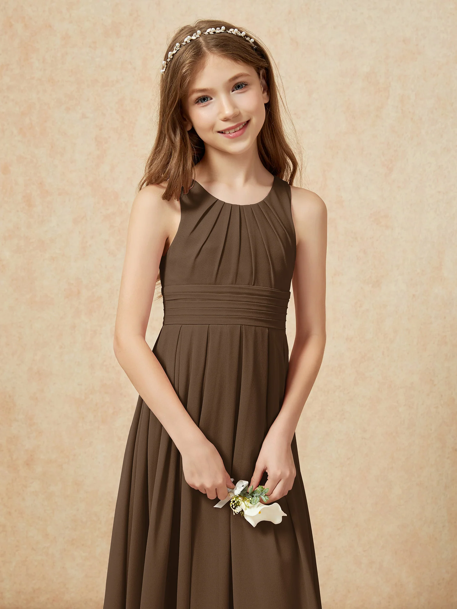 Scoop Neck Pleated Long Junior Bridesmaid Dresses Brown - Image 6