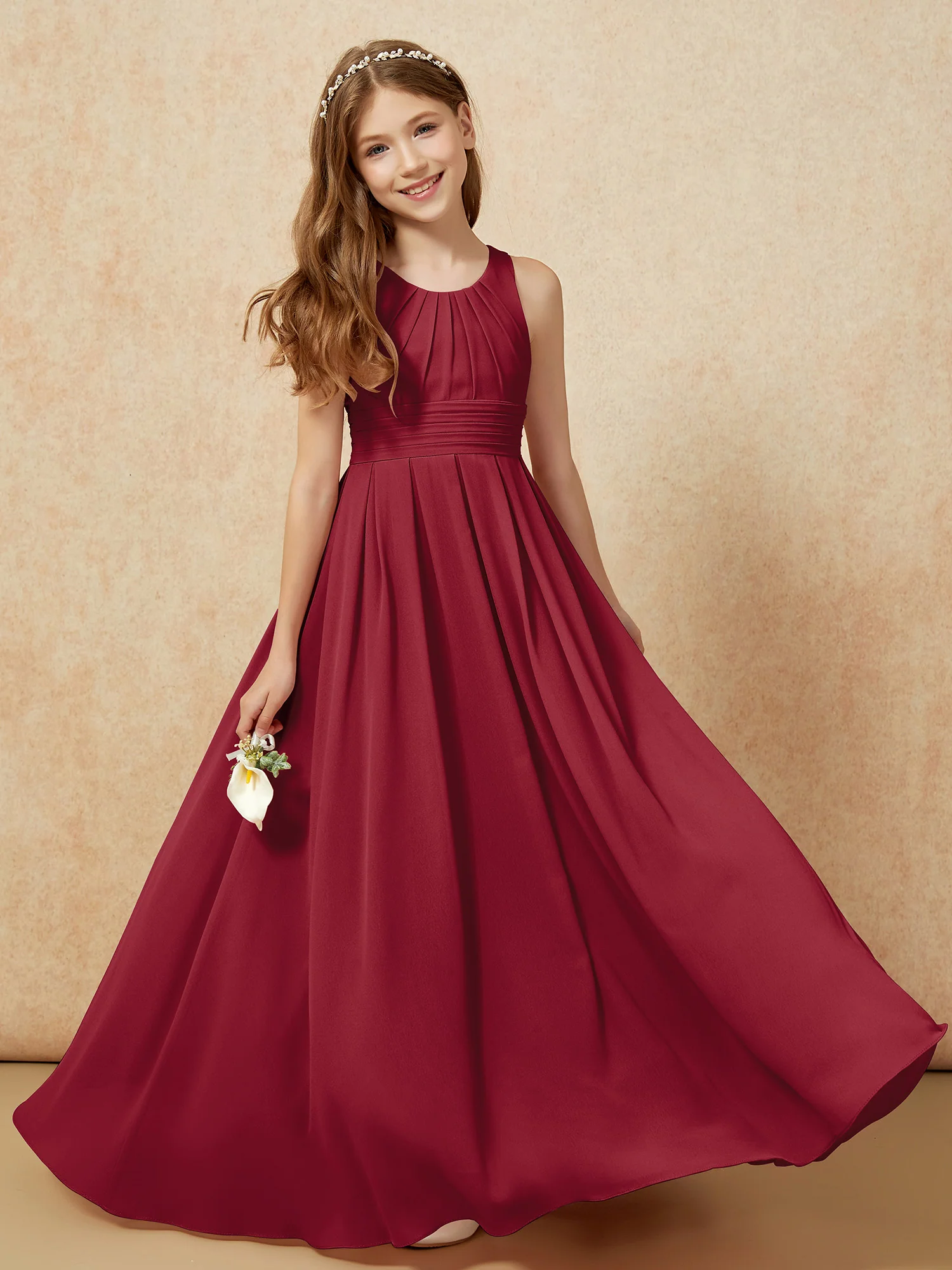 Scoop Neck Pleated Long Junior Bridesmaid Dresses Burgundy