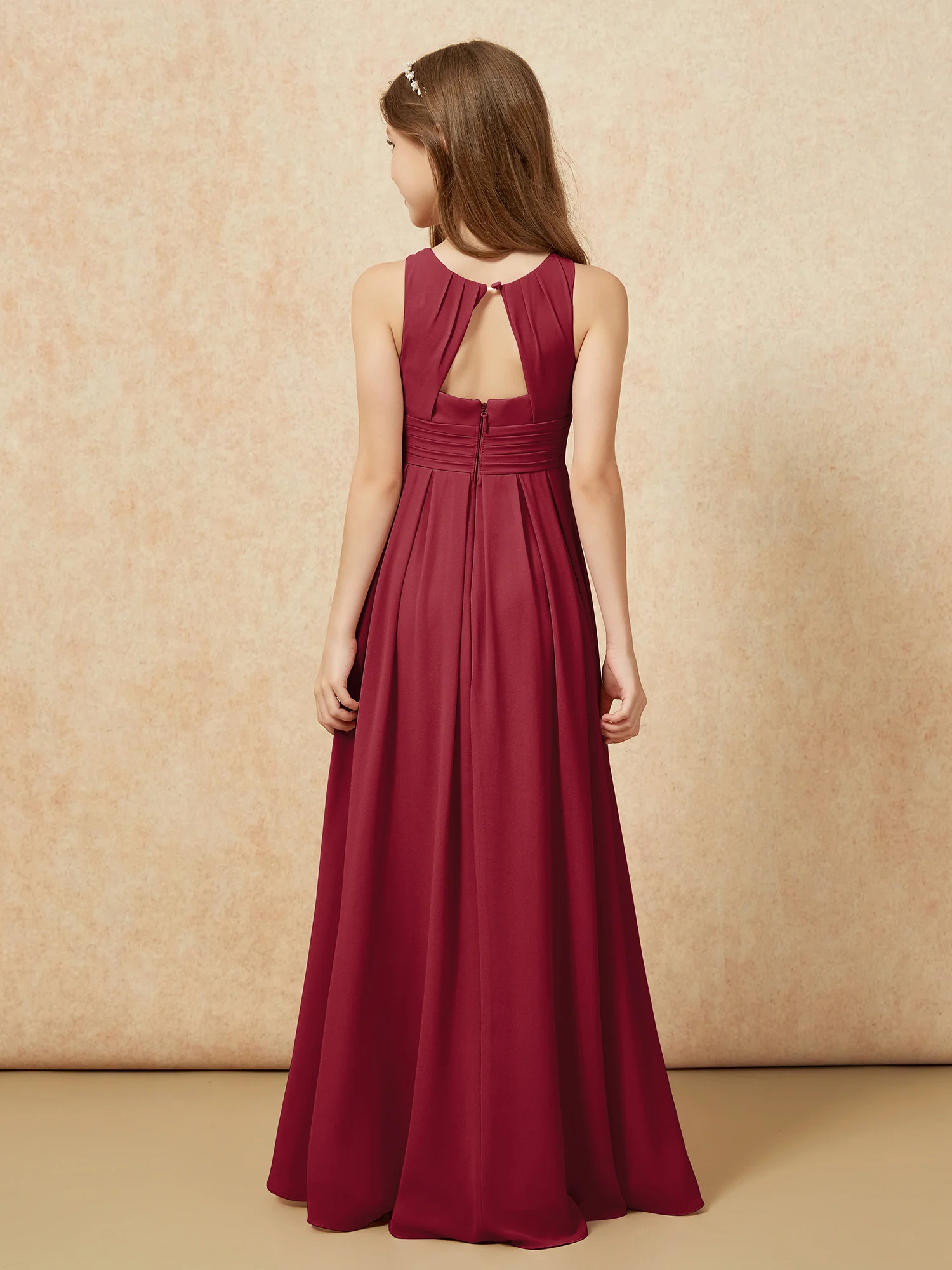 Scoop Neck Pleated Long Junior Bridesmaid Dresses Burgundy - Image 2