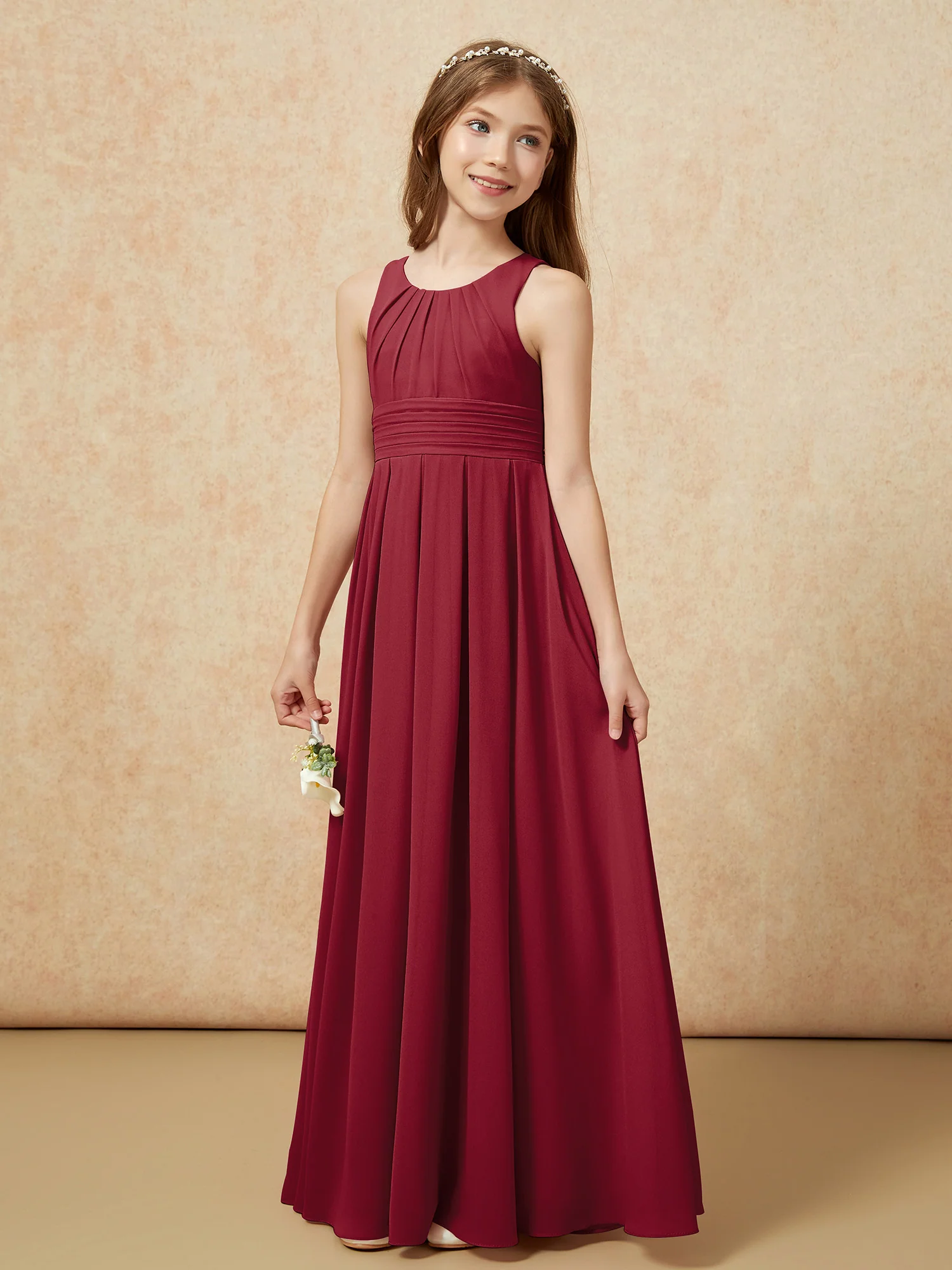 Scoop Neck Pleated Long Junior Bridesmaid Dresses Burgundy - Image 3