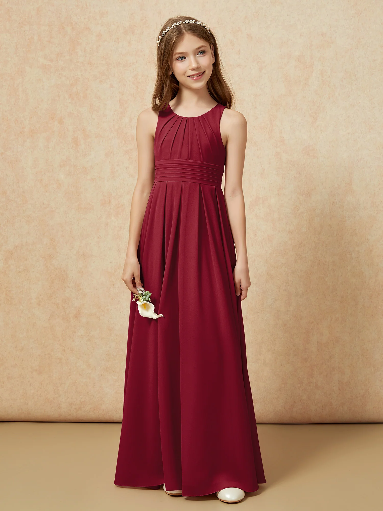 Scoop Neck Pleated Long Junior Bridesmaid Dresses Burgundy - Image 4