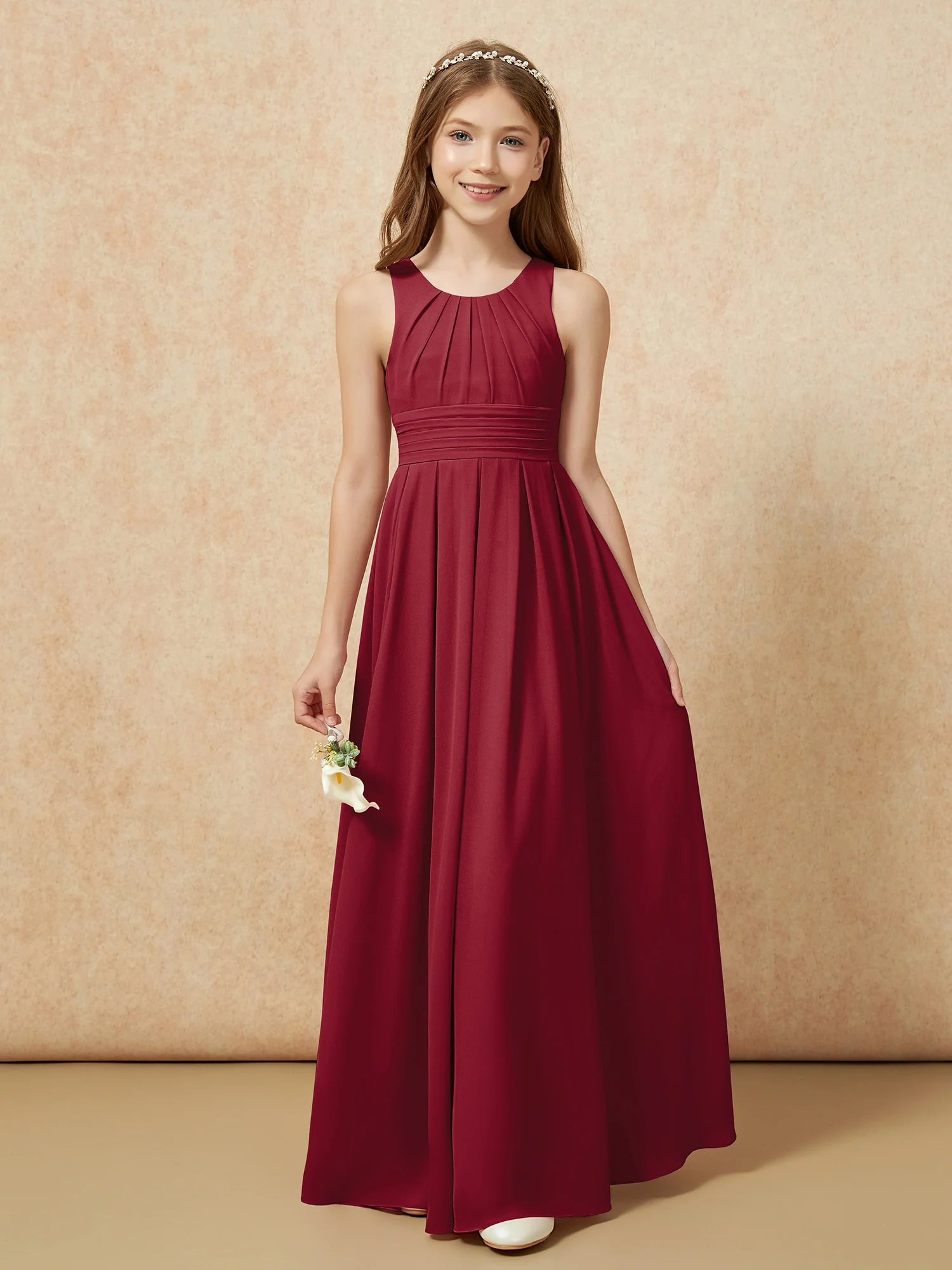 Scoop Neck Pleated Long Junior Bridesmaid Dresses Burgundy - Image 5