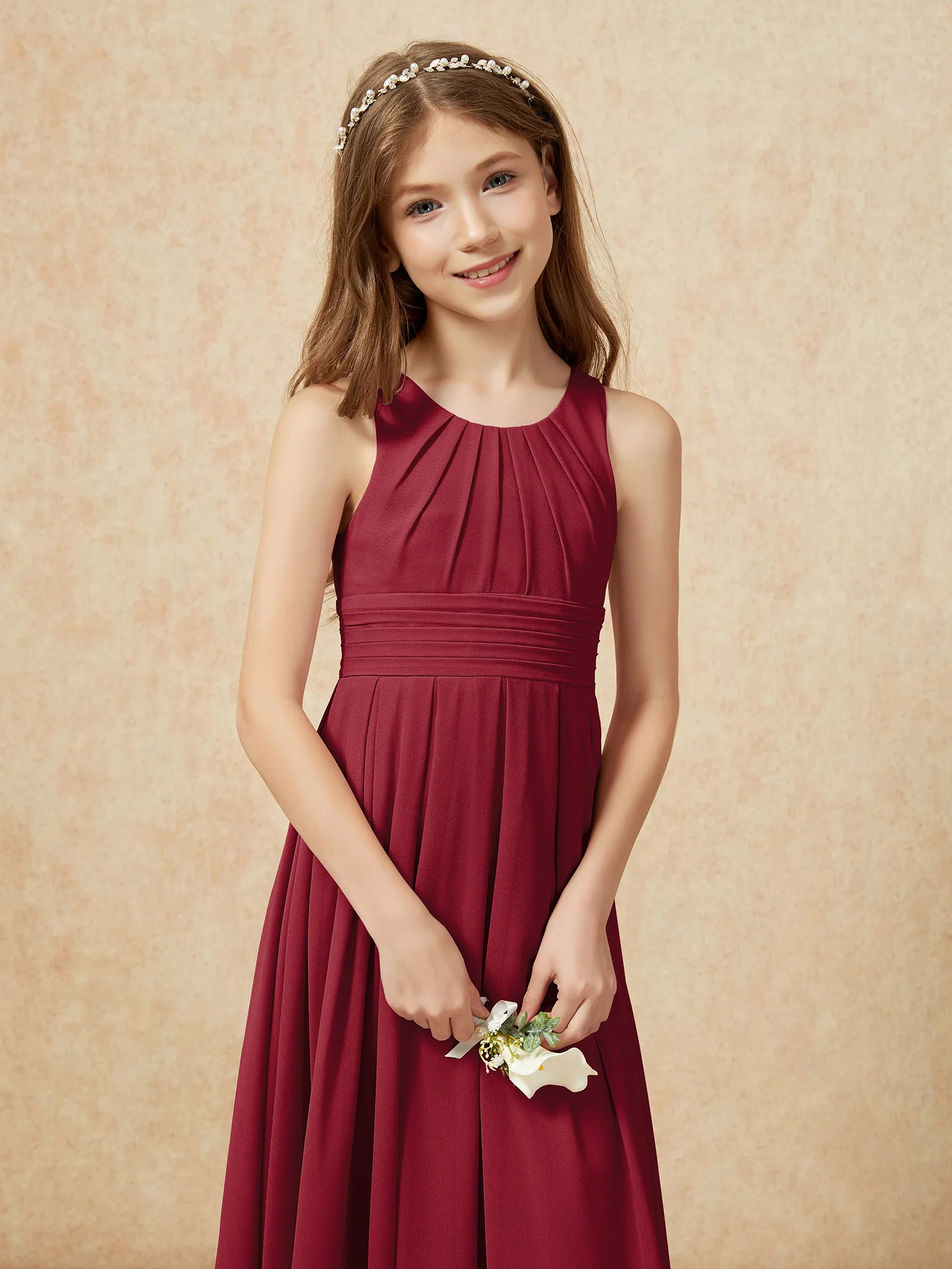 Scoop Neck Pleated Long Junior Bridesmaid Dresses Burgundy - Image 6