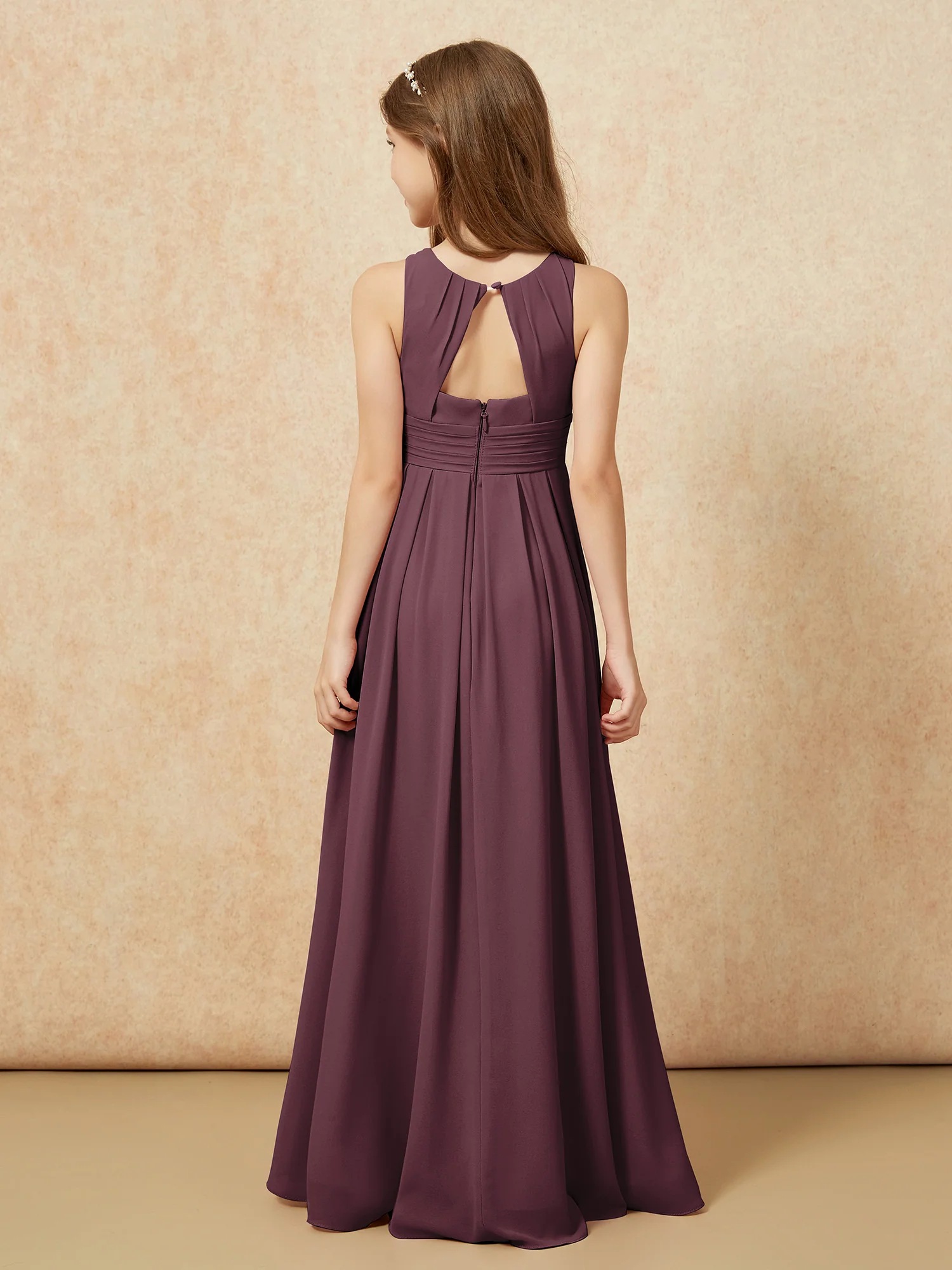Scoop Neck Pleated Long Junior Bridesmaid Dresses Cabernet - Image 2