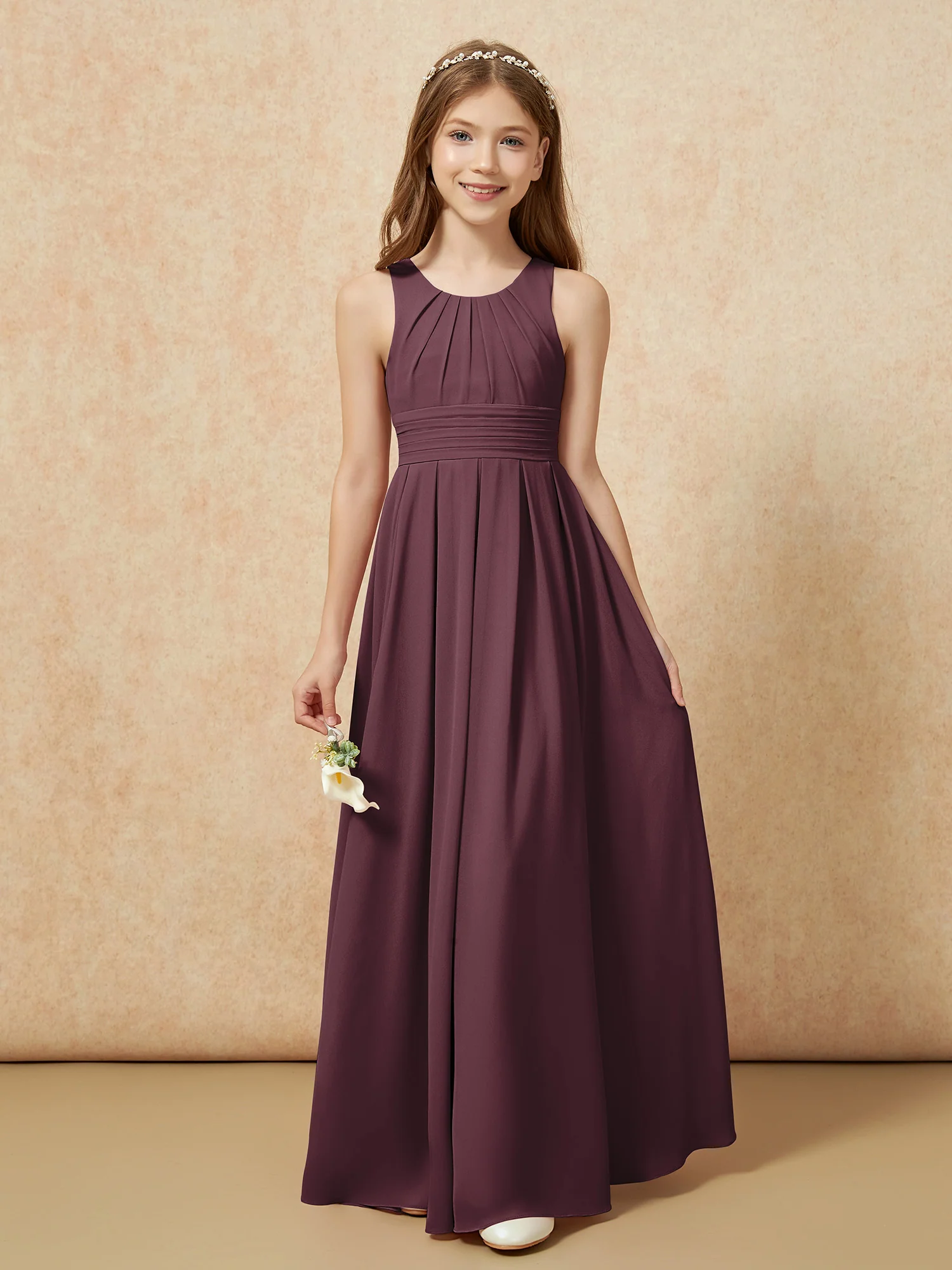 Scoop Neck Pleated Long Junior Bridesmaid Dresses Cabernet - Image 5