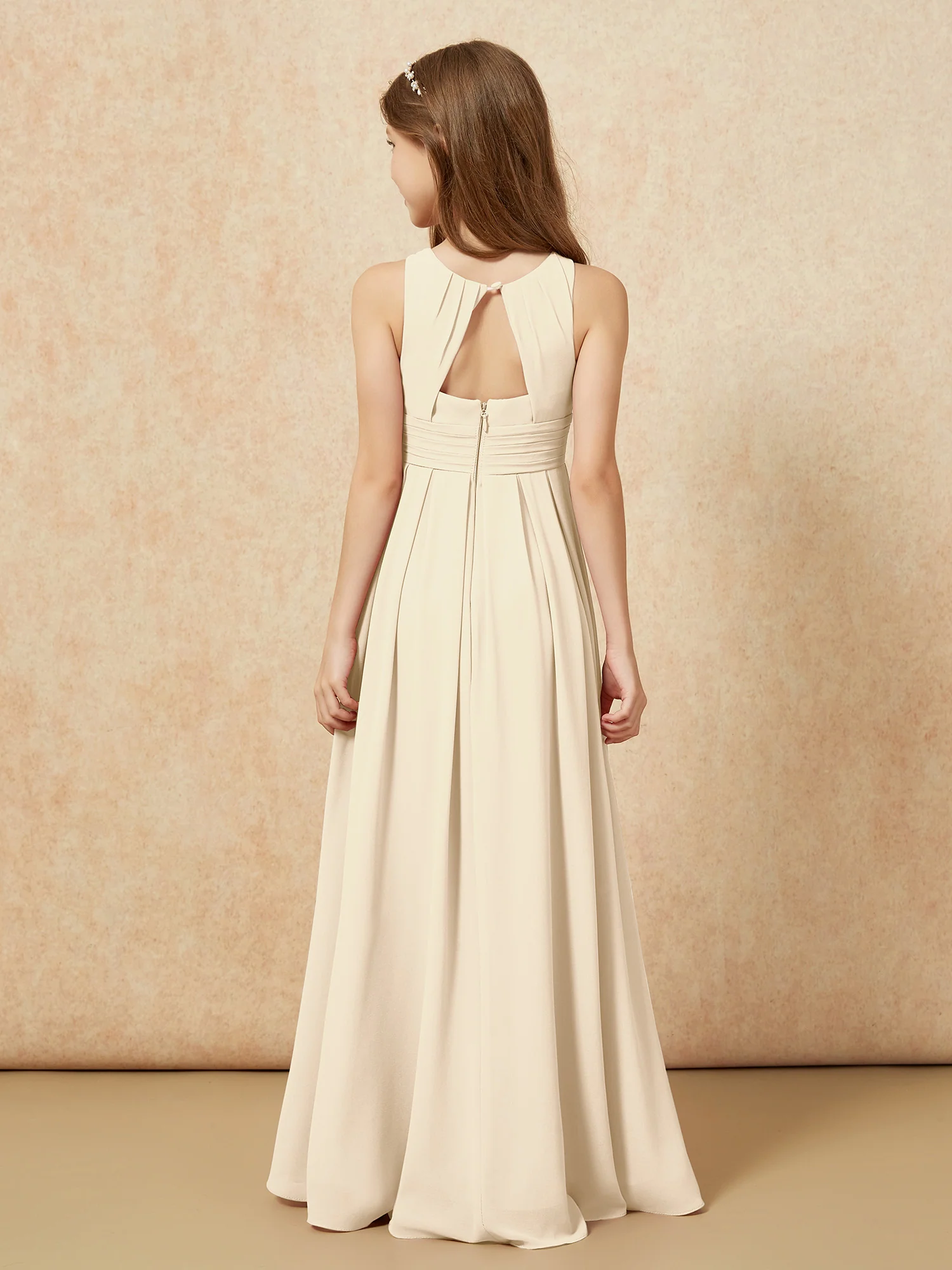 Scoop Neck Pleated Long Junior Bridesmaid Dresses Champagne - Image 2