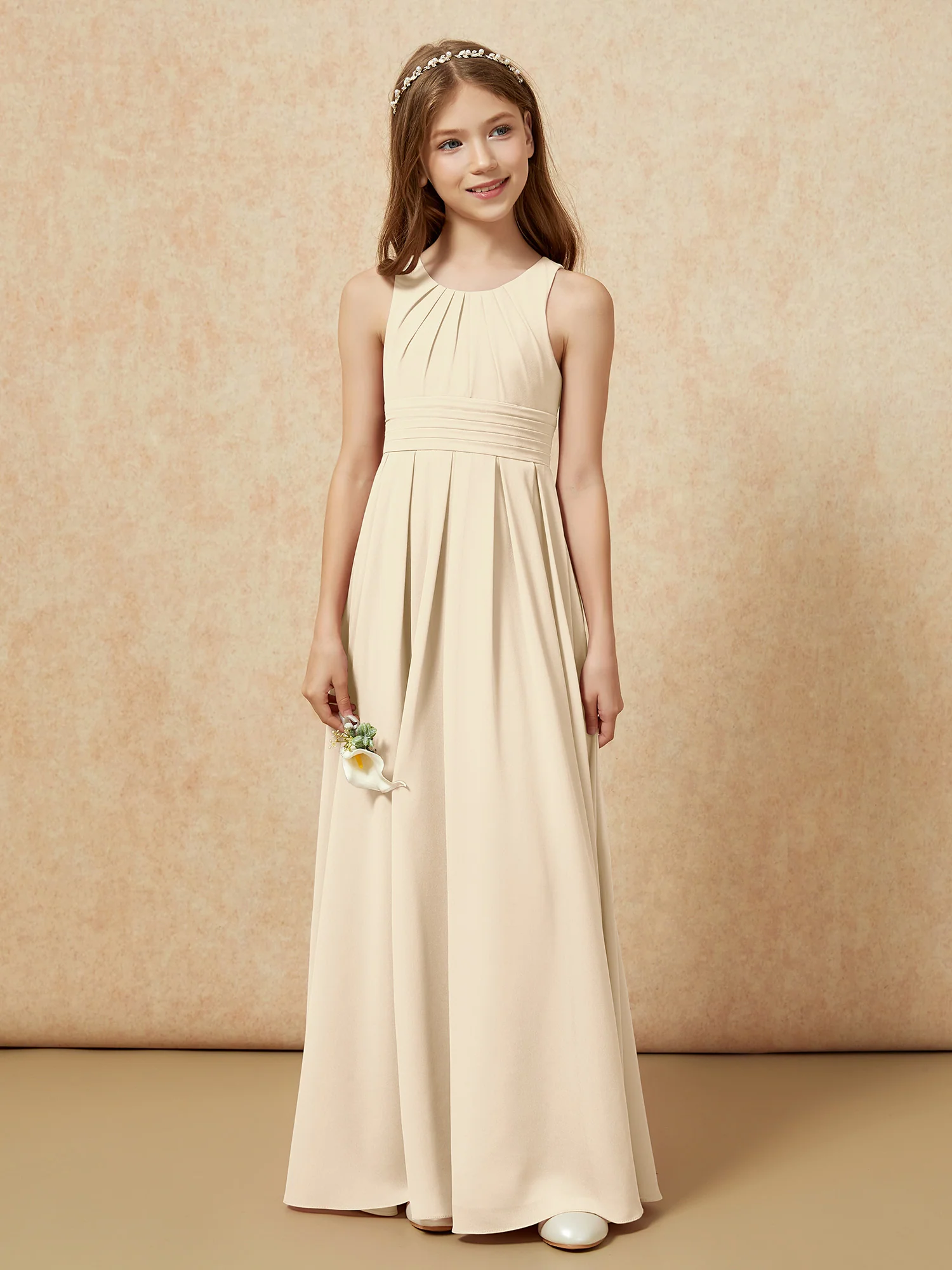 Scoop Neck Pleated Long Junior Bridesmaid Dresses Champagne - Image 4