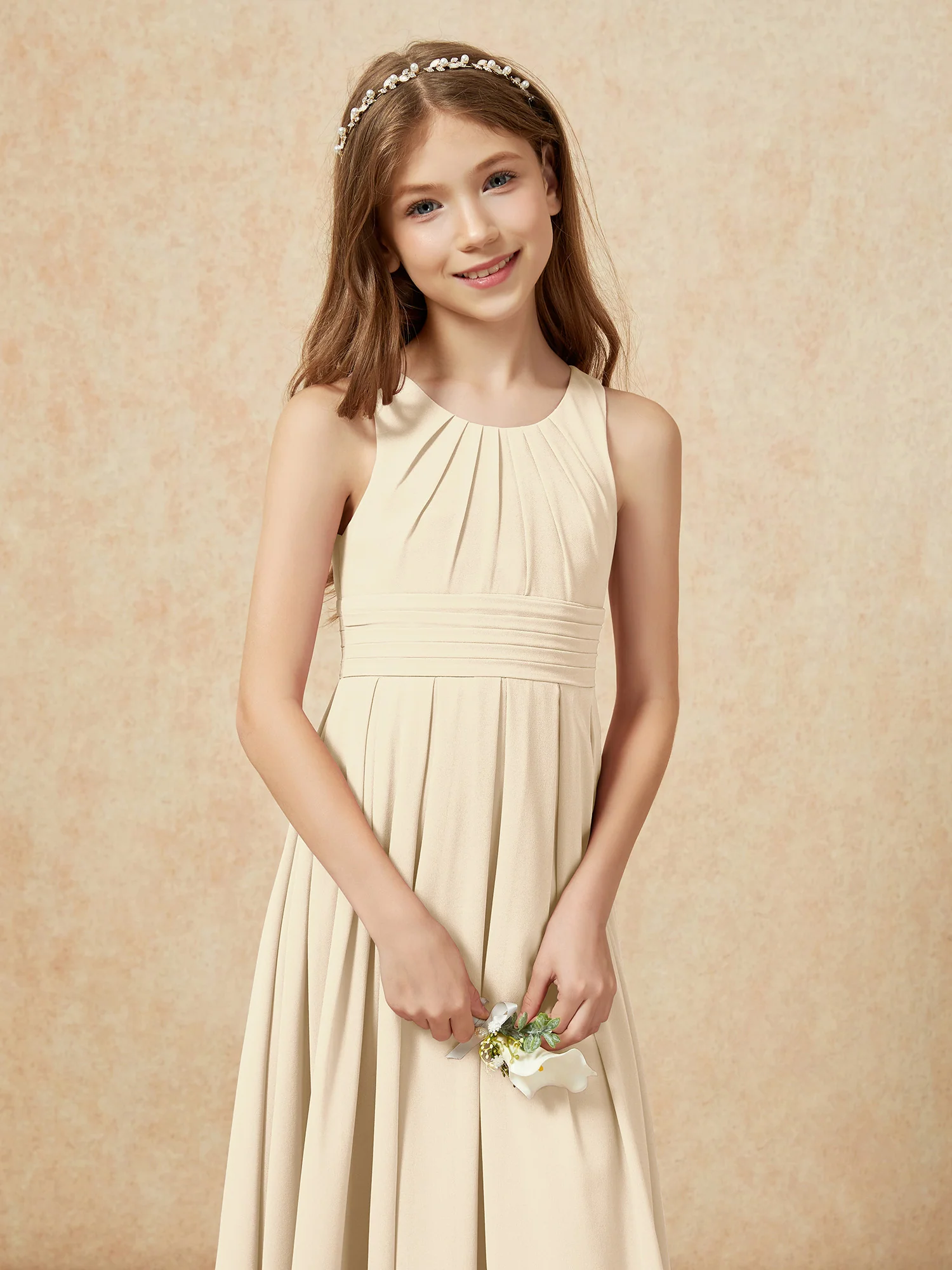 Scoop Neck Pleated Long Junior Bridesmaid Dresses Champagne - Image 6