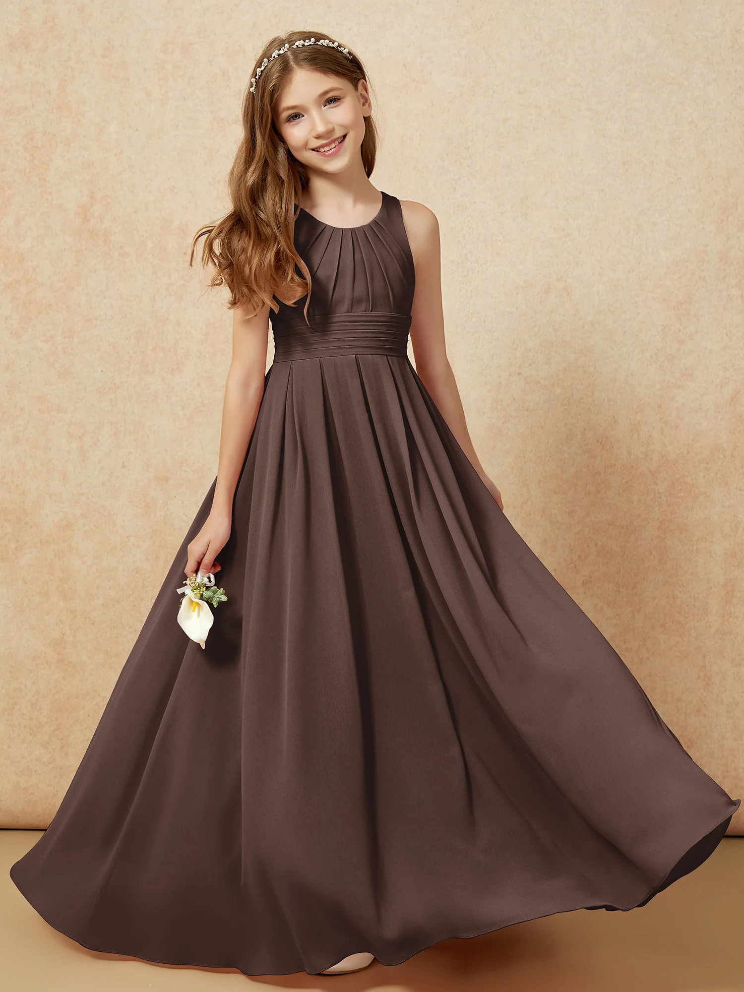 Scoop Neck Pleated Long Junior Bridesmaid Dresses Chocolate