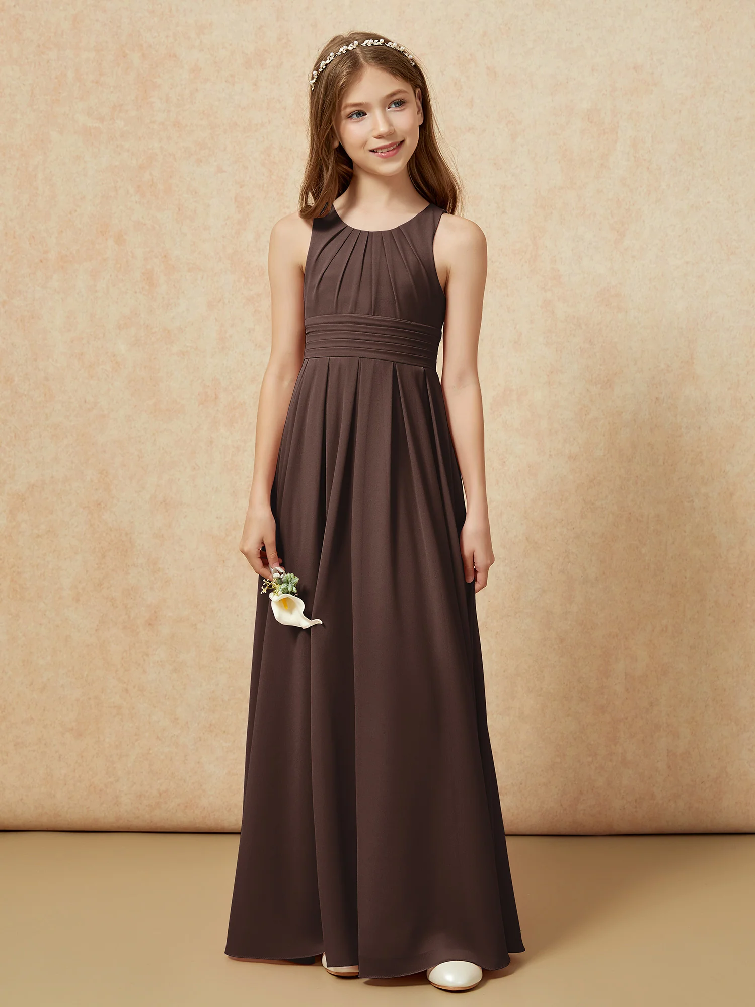 Scoop Neck Pleated Long Junior Bridesmaid Dresses Chocolate - Image 4