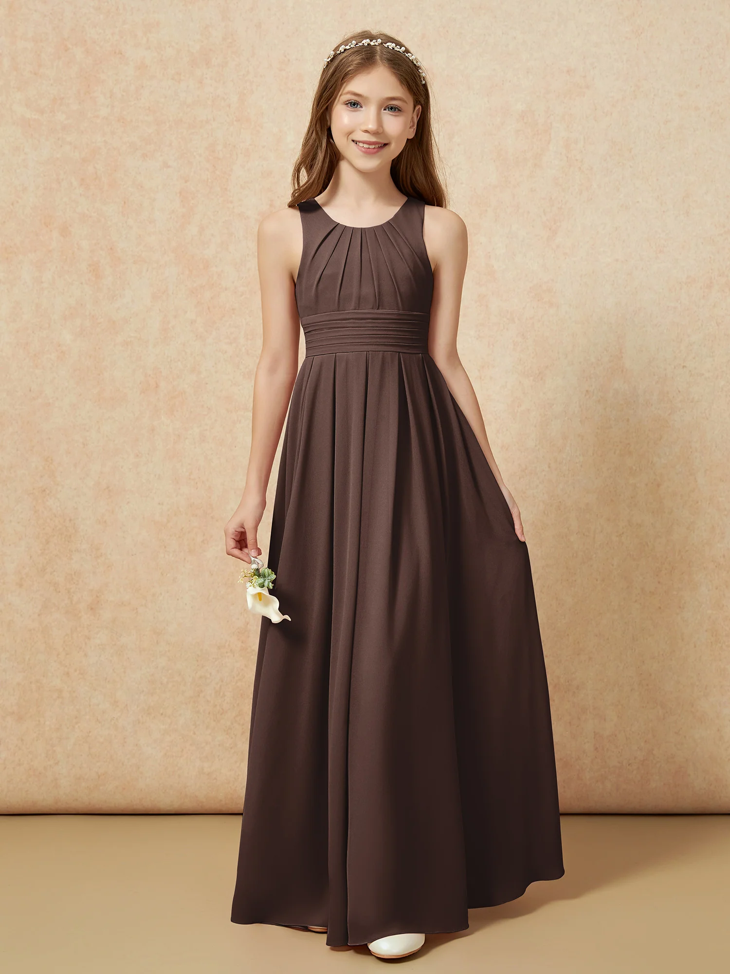 Scoop Neck Pleated Long Junior Bridesmaid Dresses Chocolate - Image 5