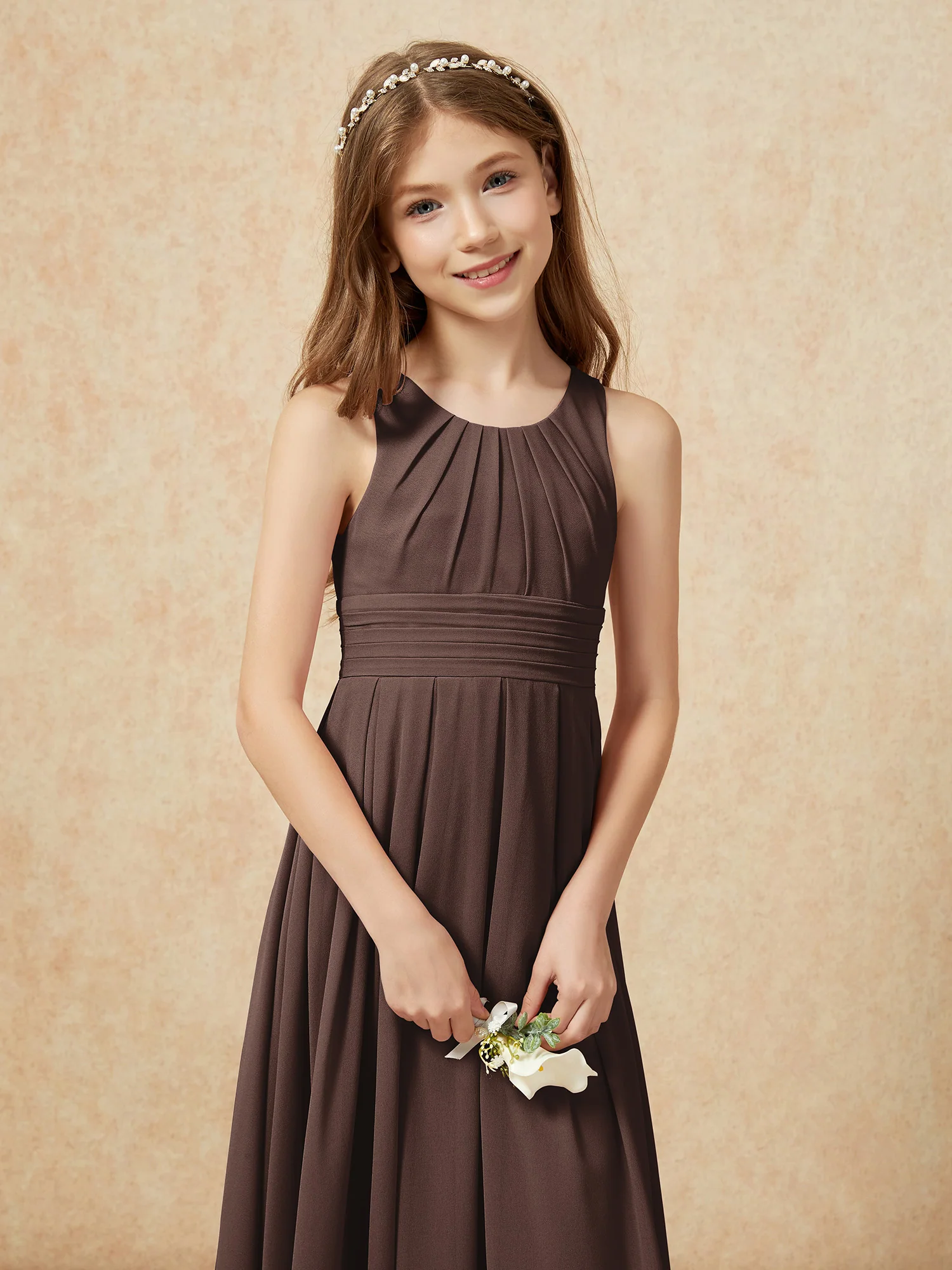 Scoop Neck Pleated Long Junior Bridesmaid Dresses Chocolate - Image 6