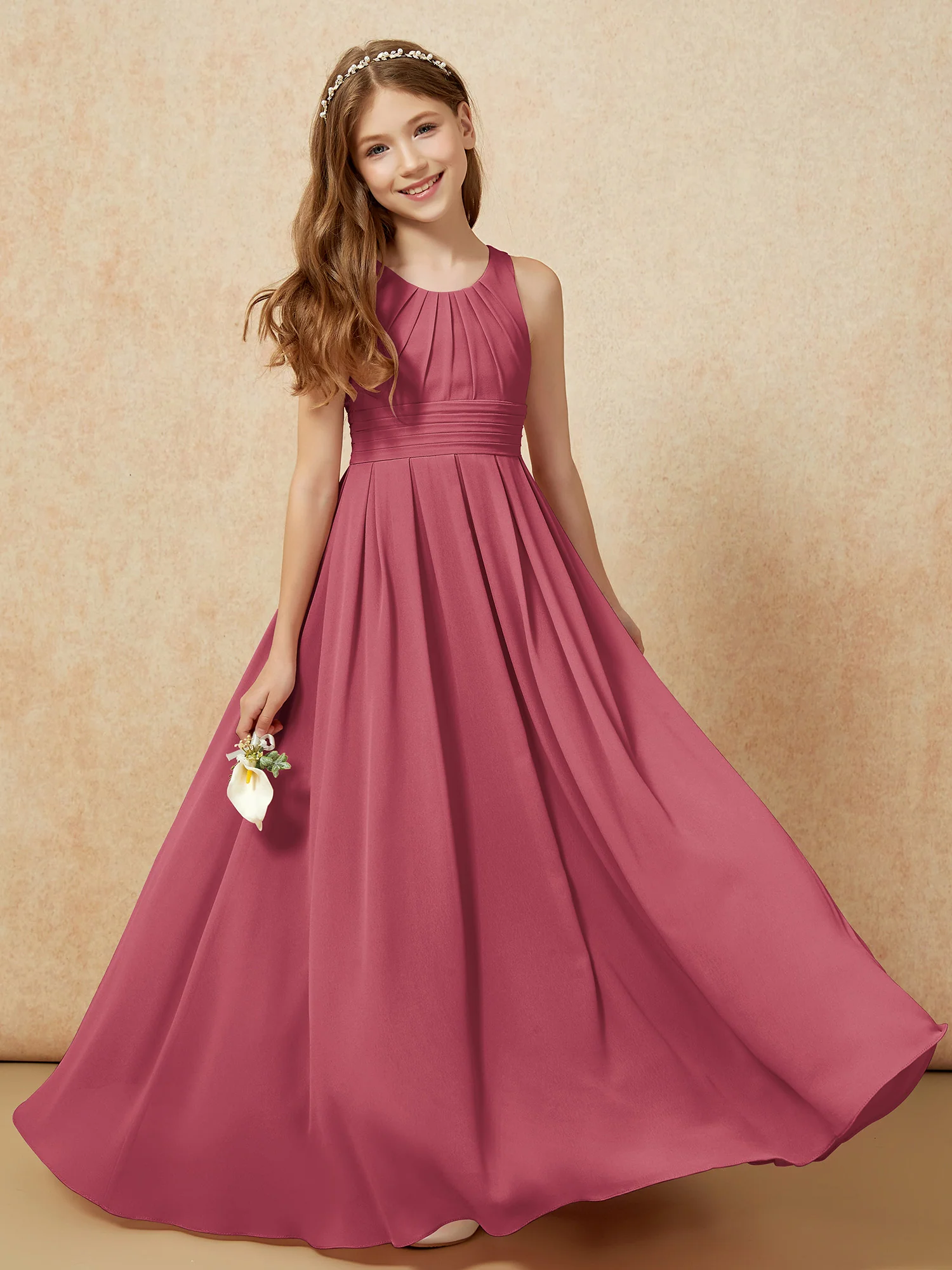 Scoop Neck Pleated Long Junior Bridesmaid Dresses Cinnamon Rose