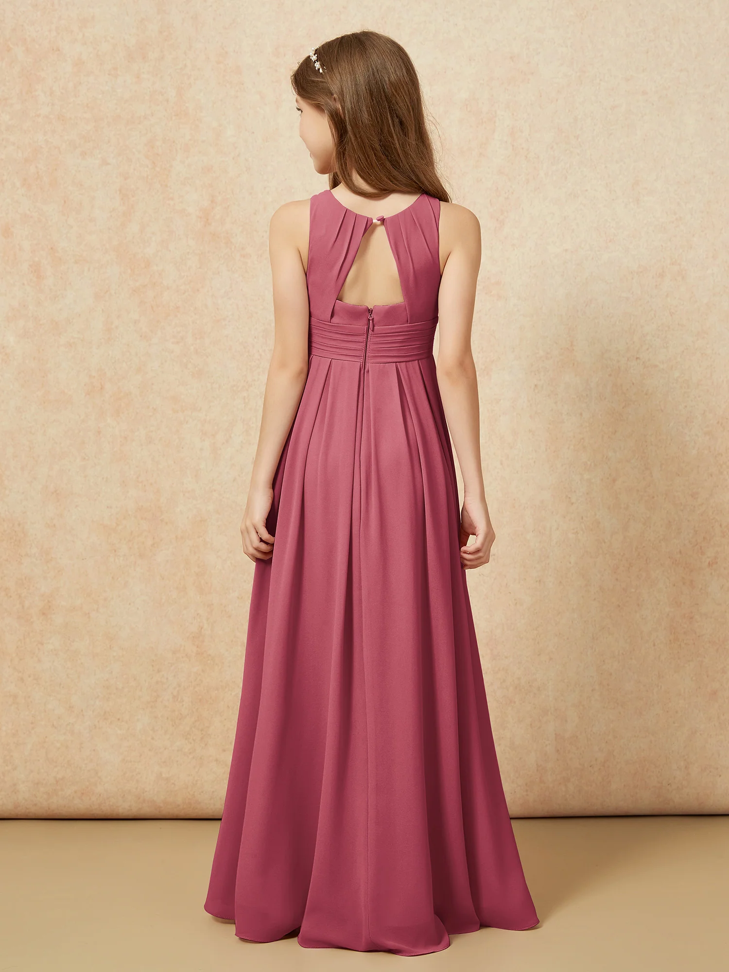 Scoop Neck Pleated Long Junior Bridesmaid Dresses Cinnamon Rose - Image 2
