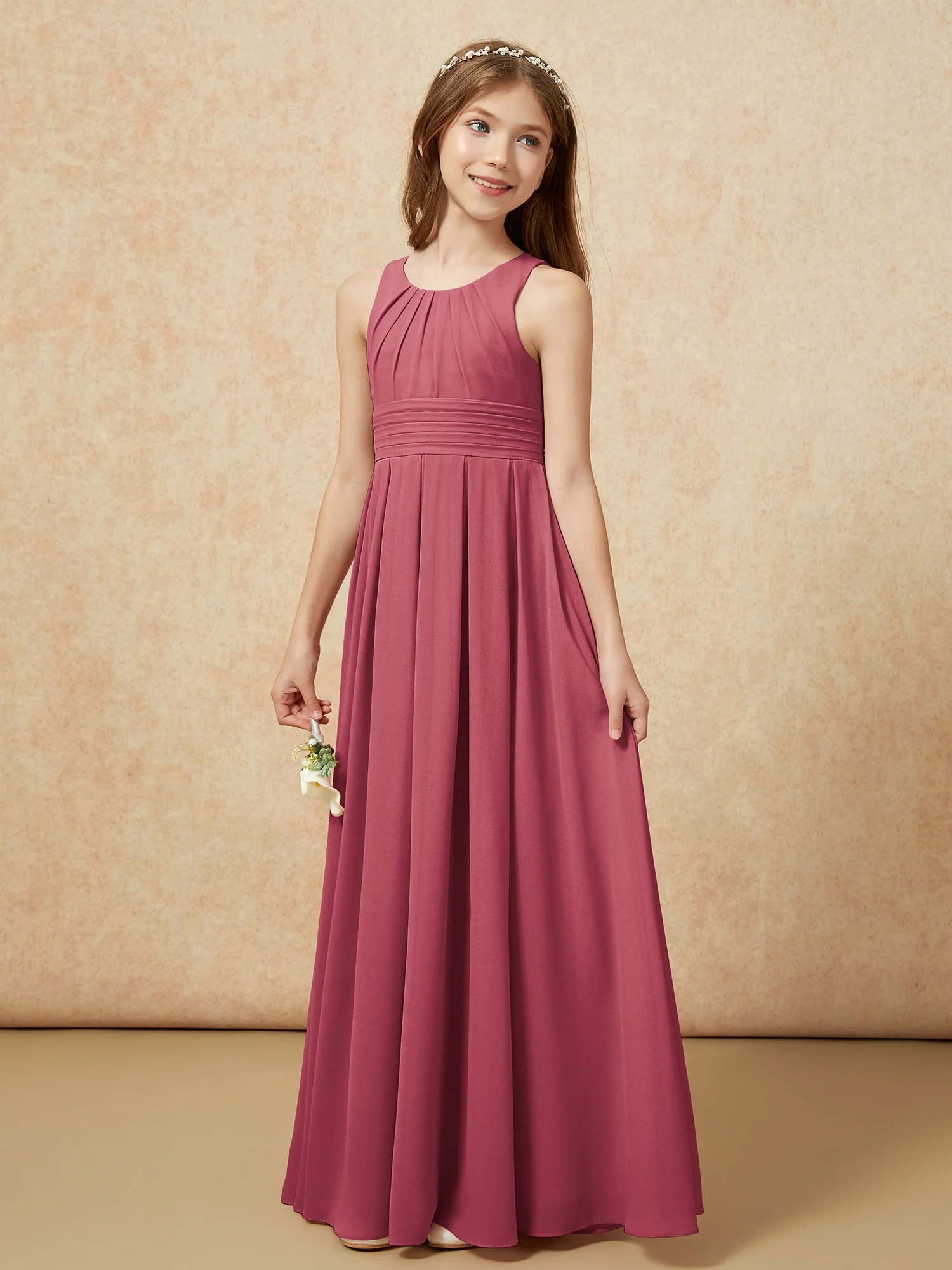 Scoop Neck Pleated Long Junior Bridesmaid Dresses Cinnamon Rose - Image 3