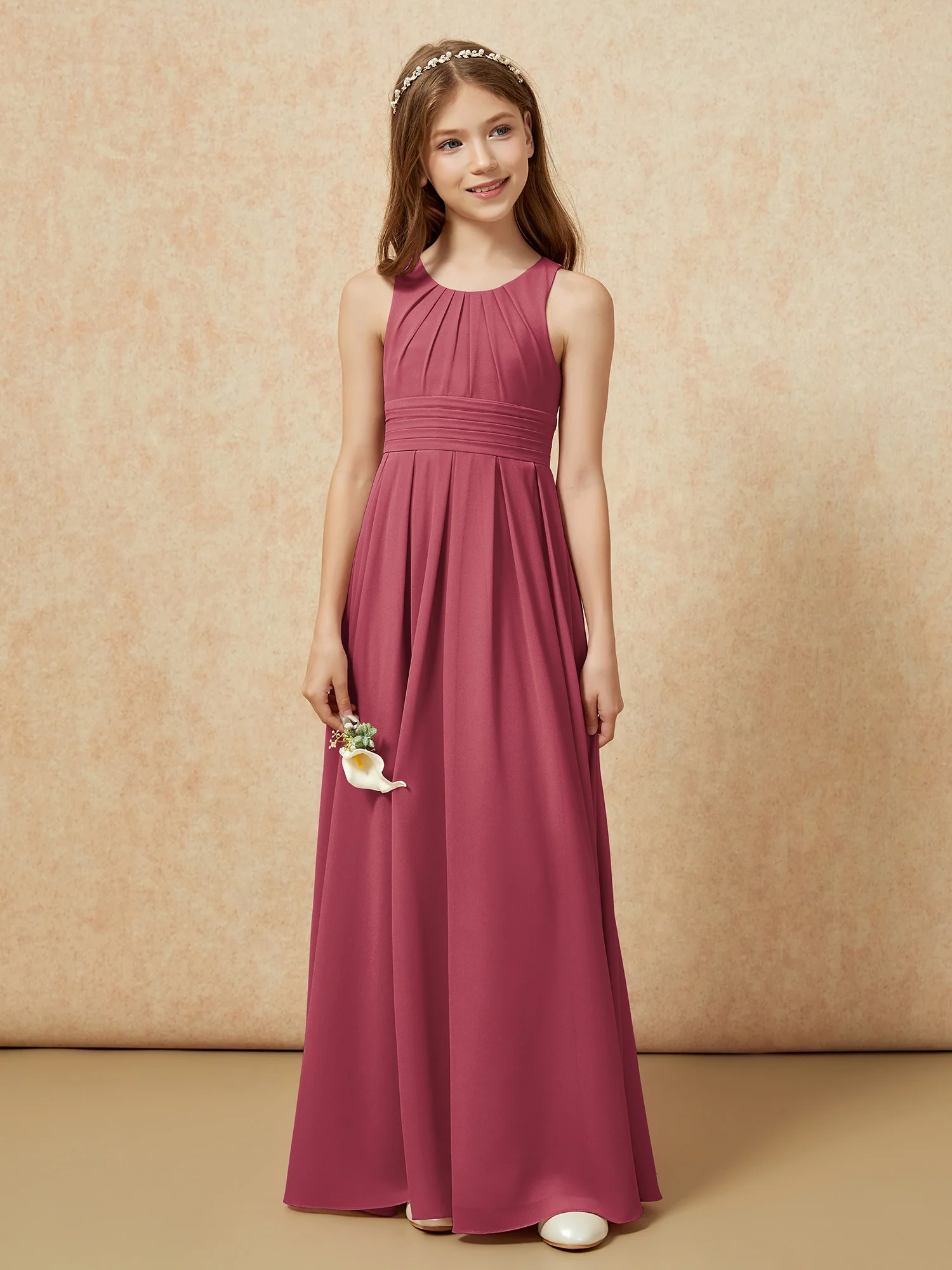 Scoop Neck Pleated Long Junior Bridesmaid Dresses Cinnamon Rose - Image 4