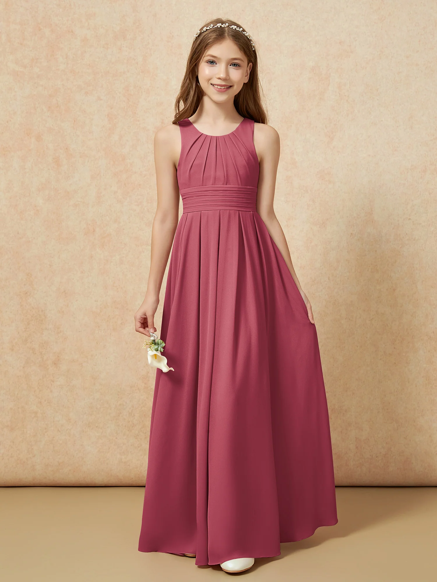 Scoop Neck Pleated Long Junior Bridesmaid Dresses Cinnamon Rose - Image 5