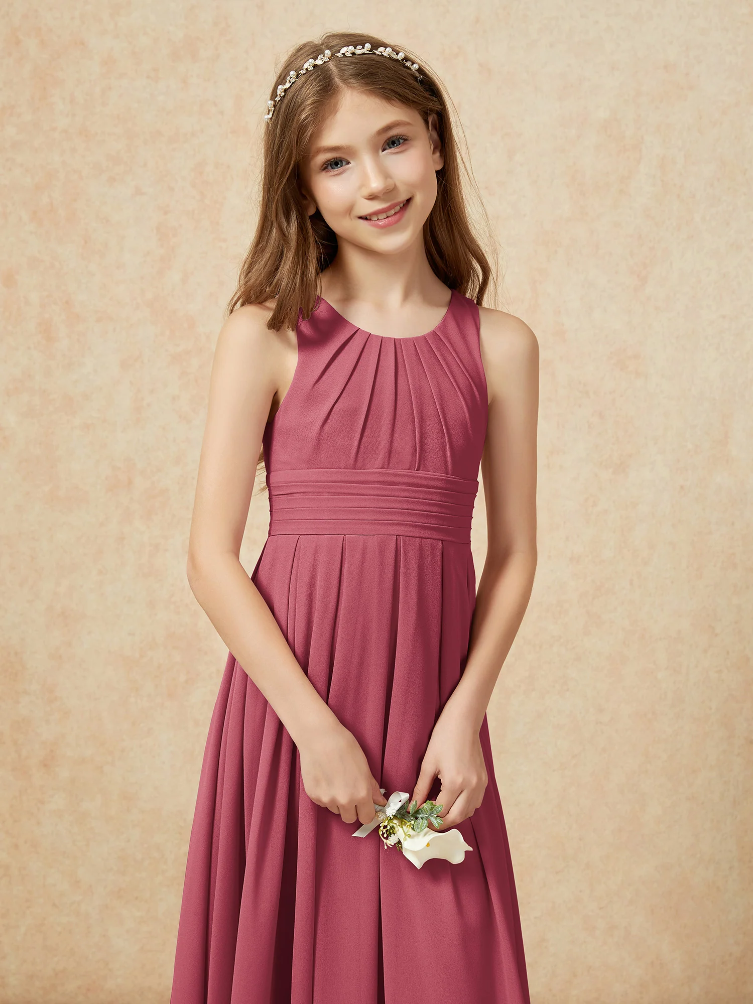 Scoop Neck Pleated Long Junior Bridesmaid Dresses Cinnamon Rose - Image 6