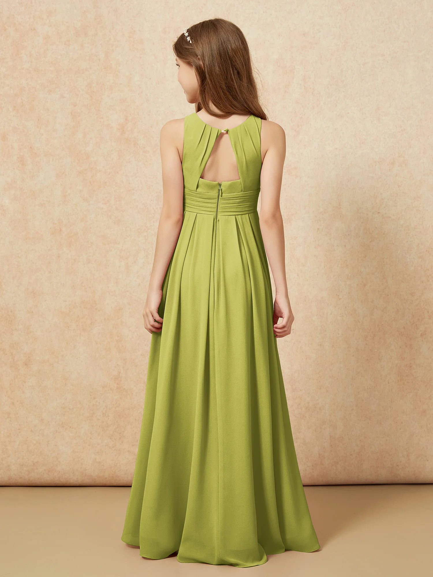 Scoop Neck Pleated Long Junior Bridesmaid Dresses Clover - Image 2