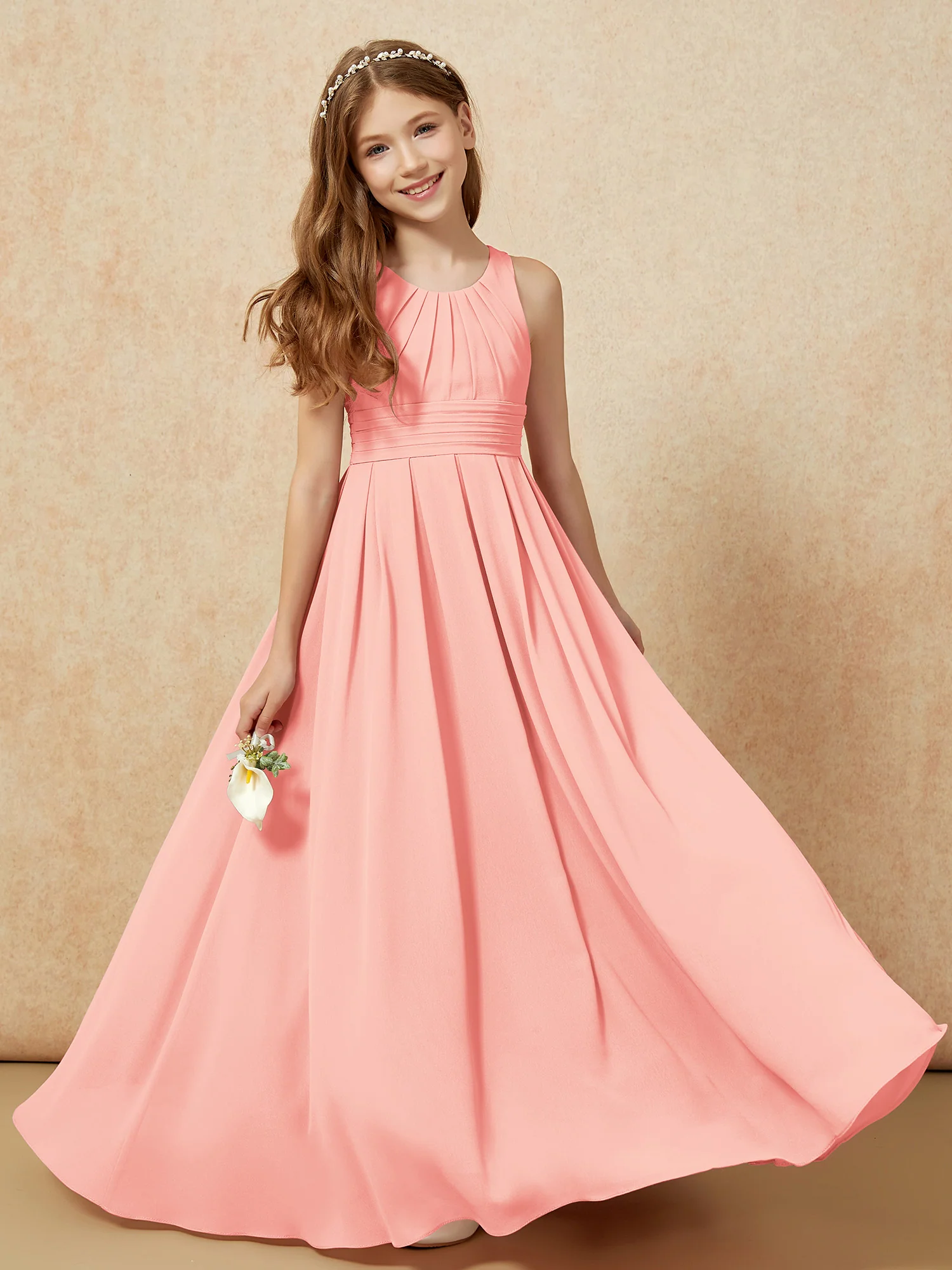 Scoop Neck Pleated Long Junior Bridesmaid Dresses Coral