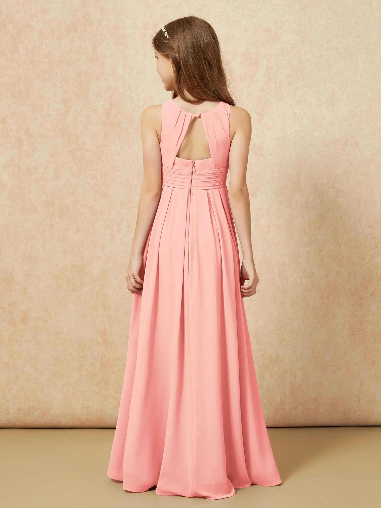 Scoop Neck Pleated Long Junior Bridesmaid Dresses Coral - Image 2