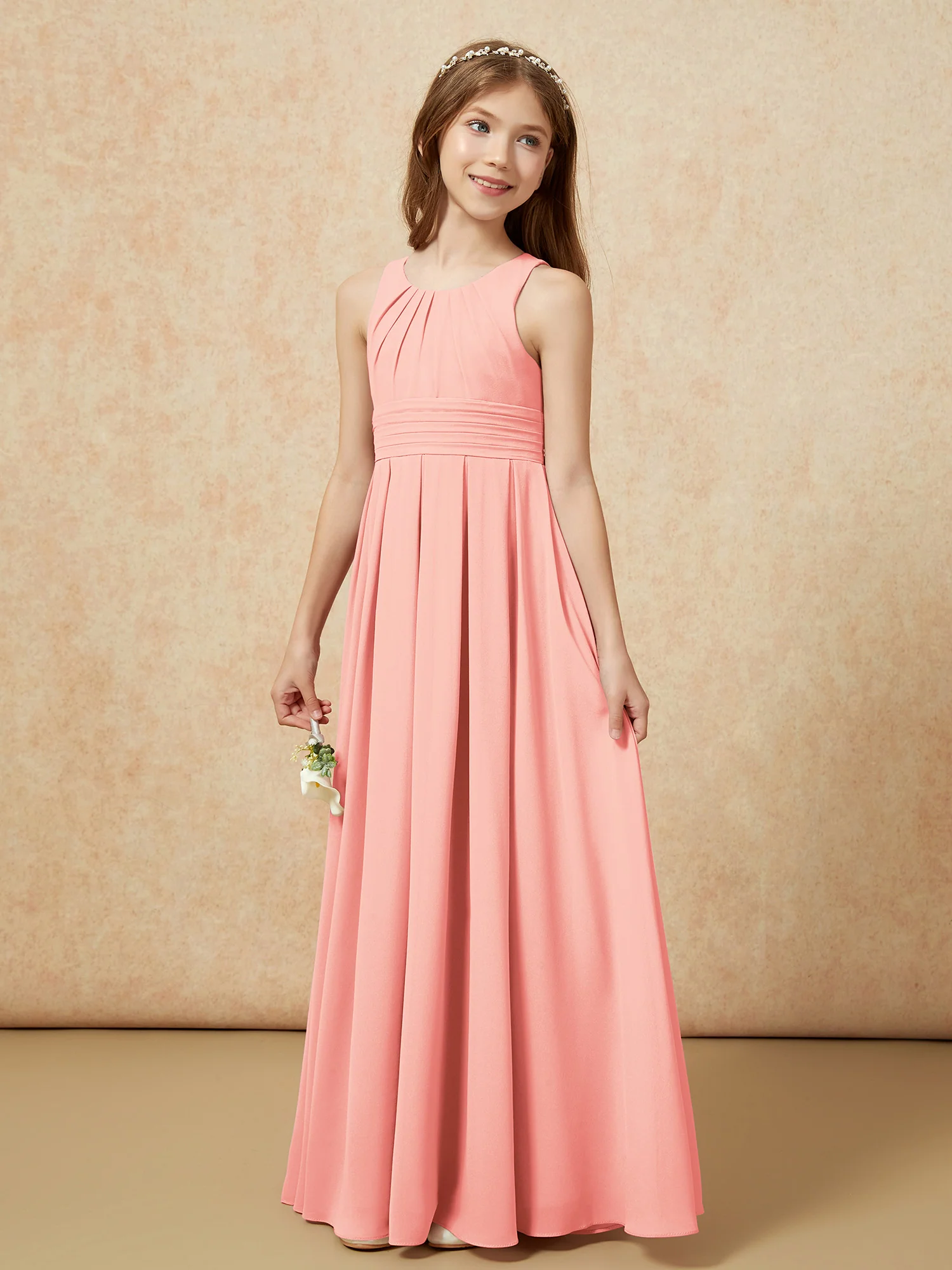 Scoop Neck Pleated Long Junior Bridesmaid Dresses Coral - Image 3