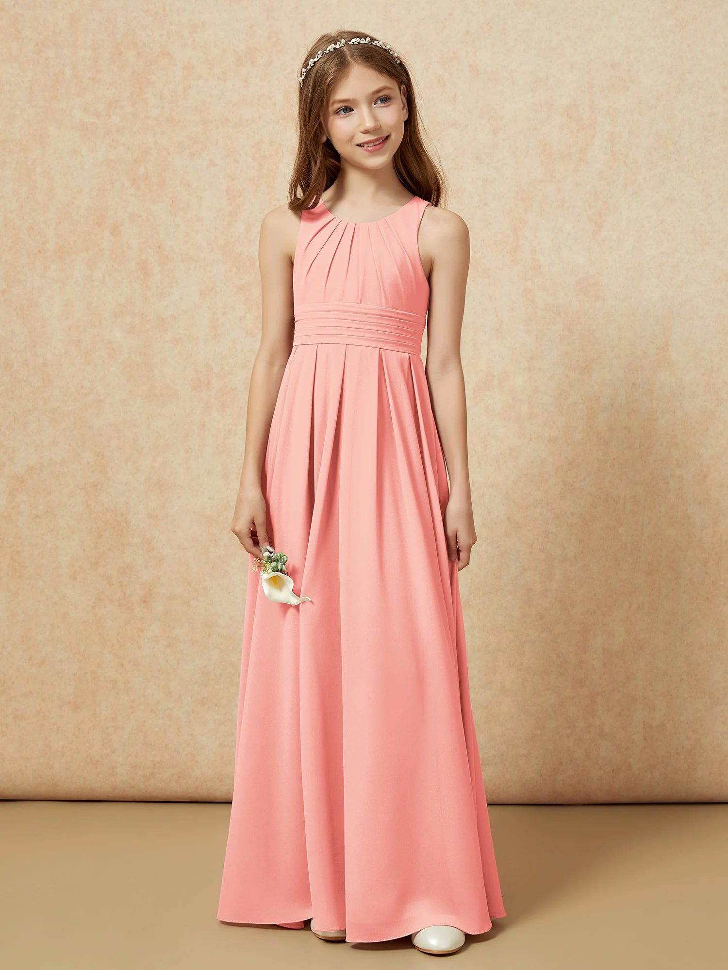 Scoop Neck Pleated Long Junior Bridesmaid Dresses Coral - Image 4
