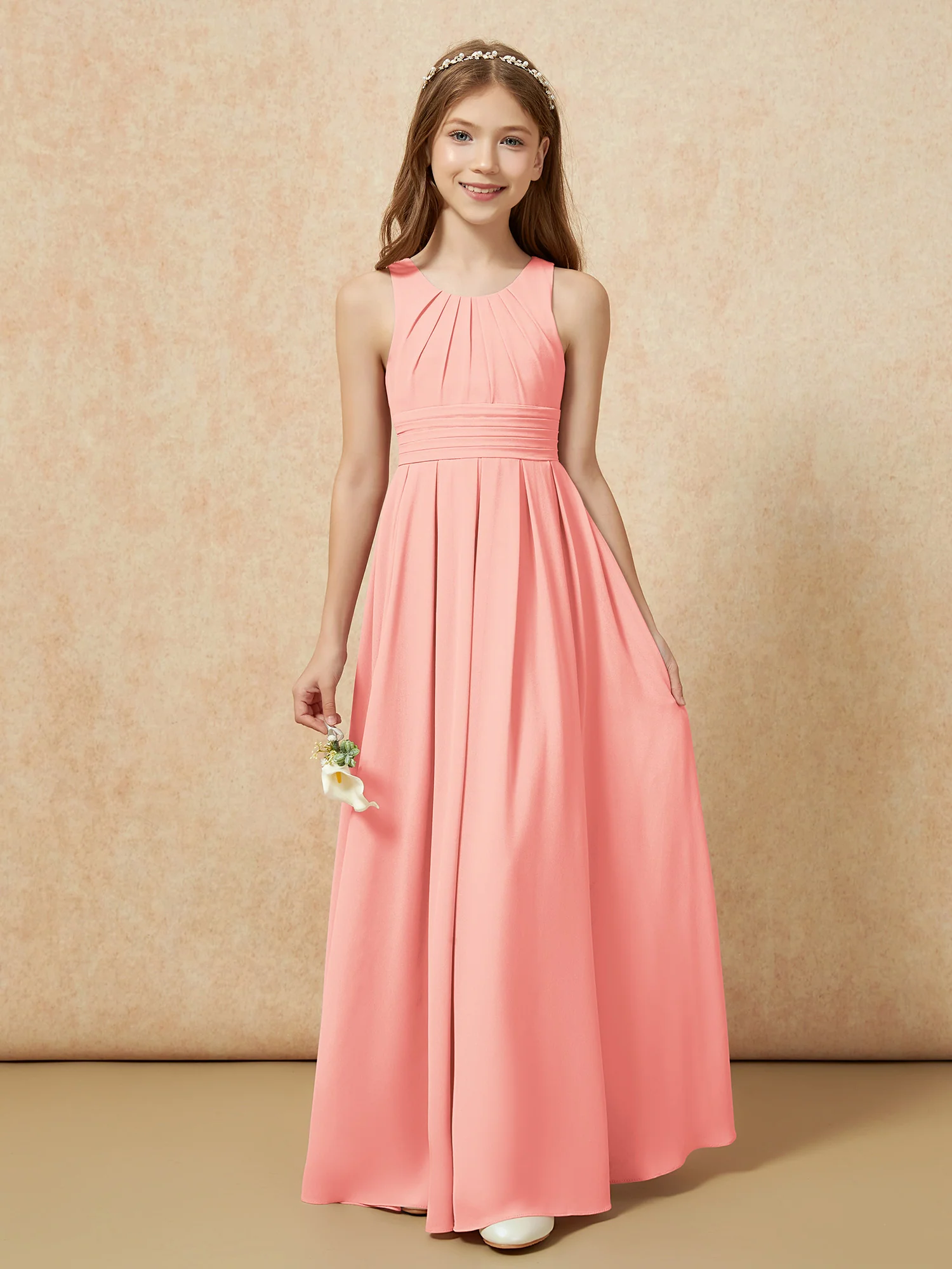 Scoop Neck Pleated Long Junior Bridesmaid Dresses Coral - Image 5