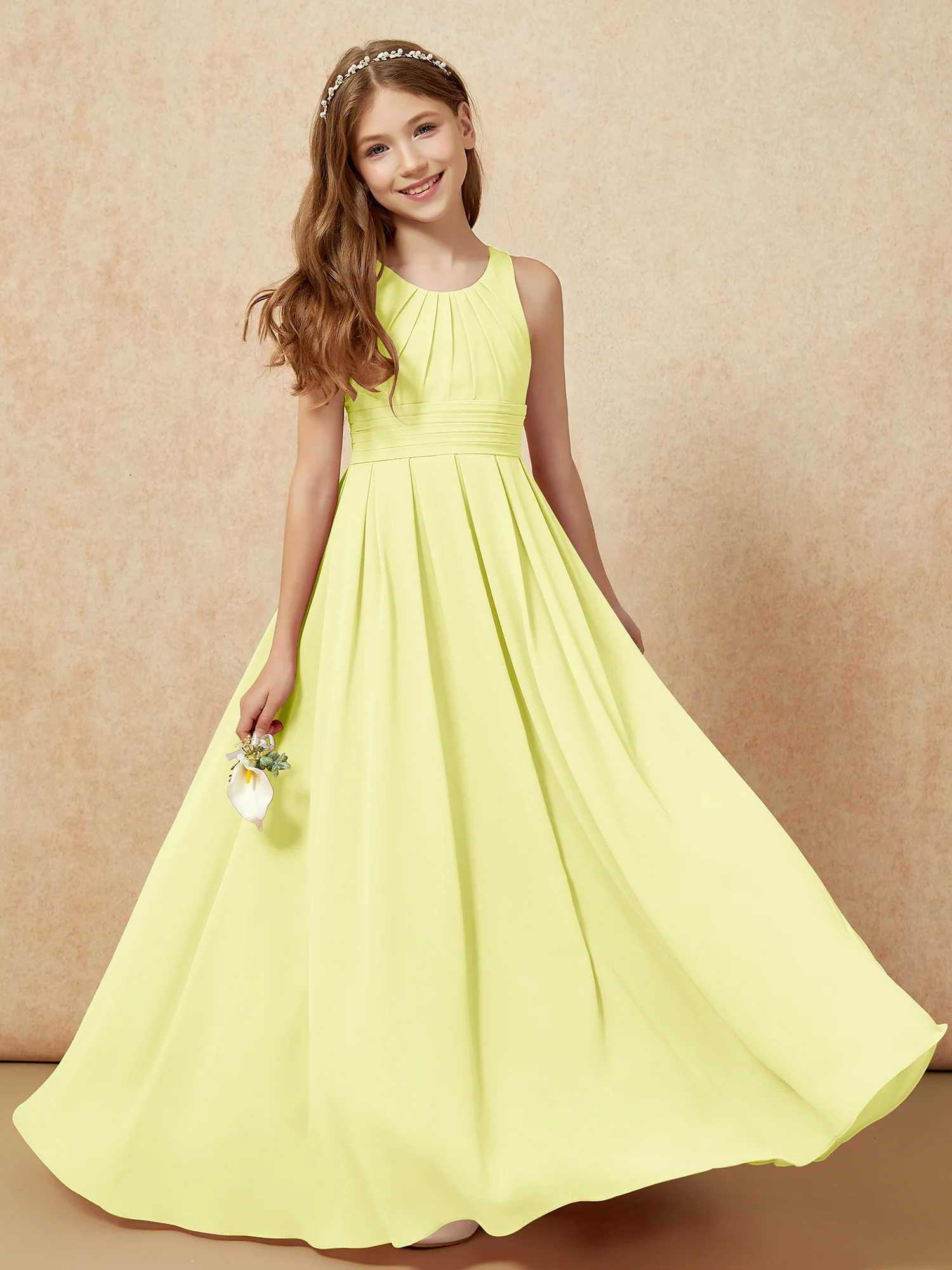 Scoop Neck Pleated Long Junior Bridesmaid Dresses Daffodil