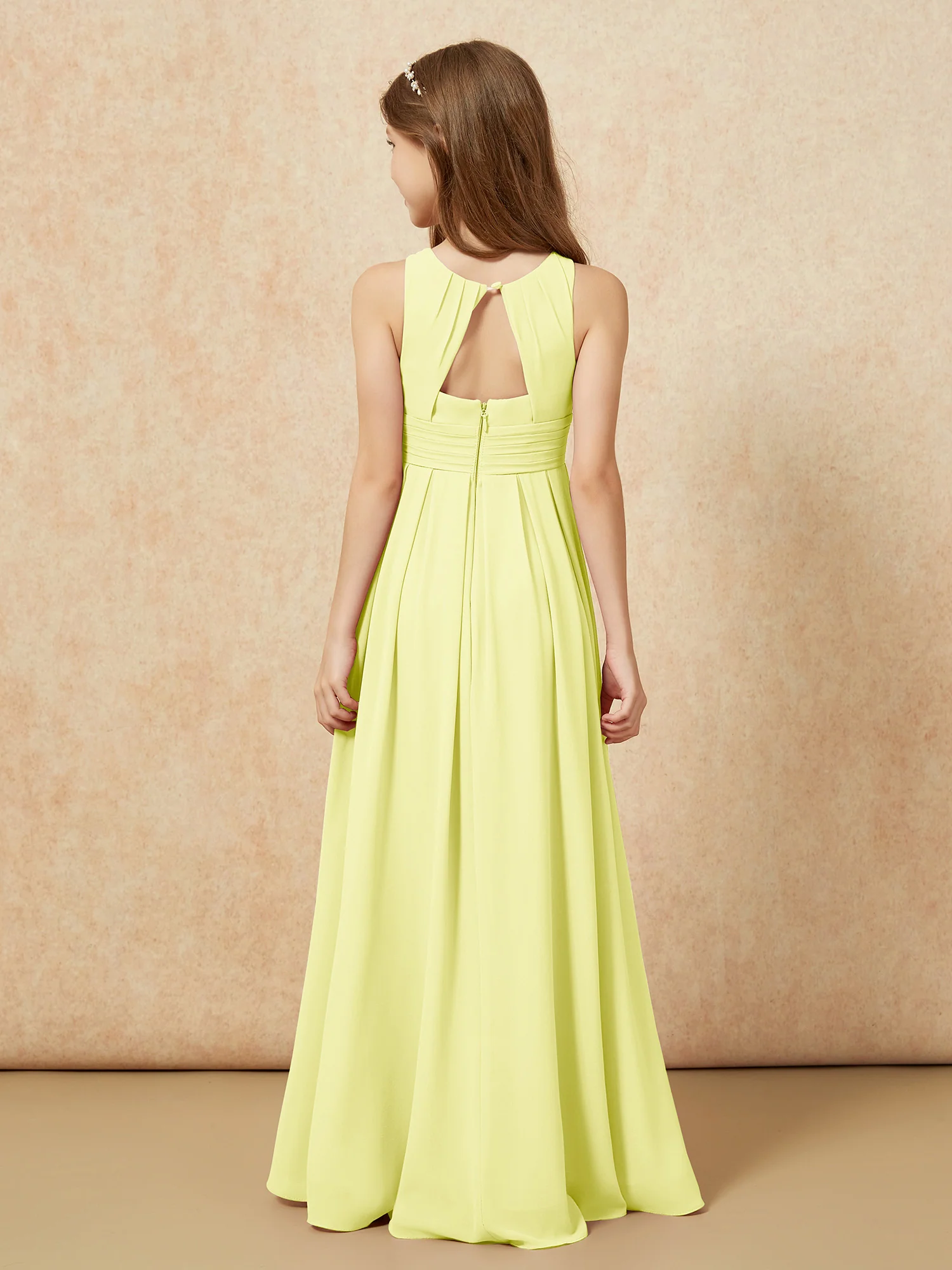 Scoop Neck Pleated Long Junior Bridesmaid Dresses Daffodil - Image 2