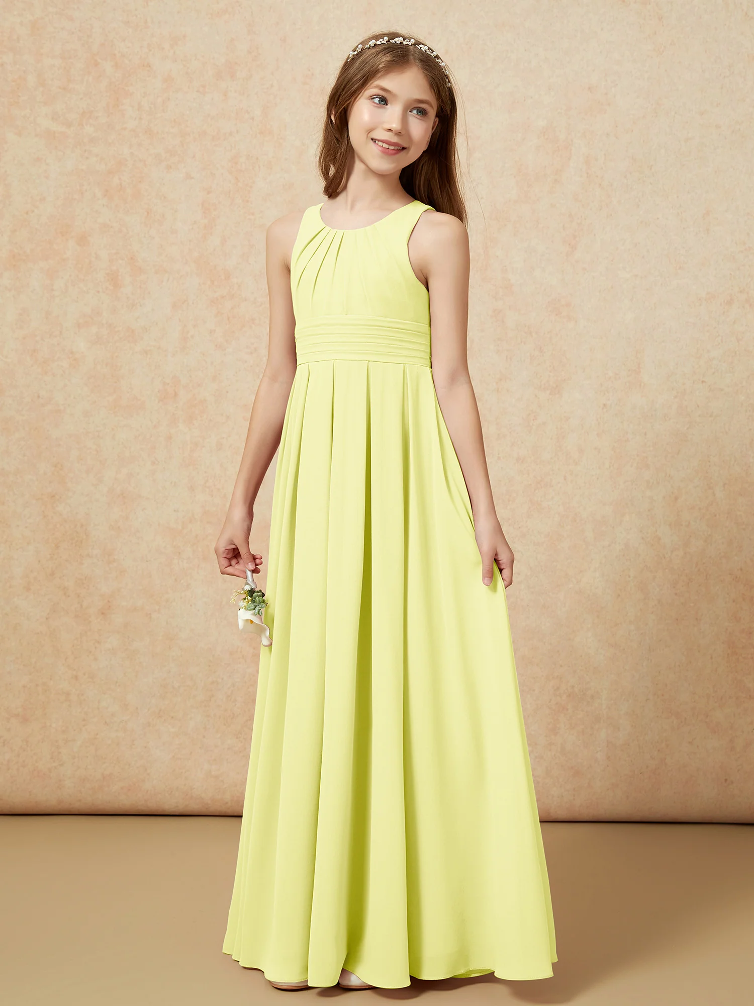 Scoop Neck Pleated Long Junior Bridesmaid Dresses Daffodil - Image 3