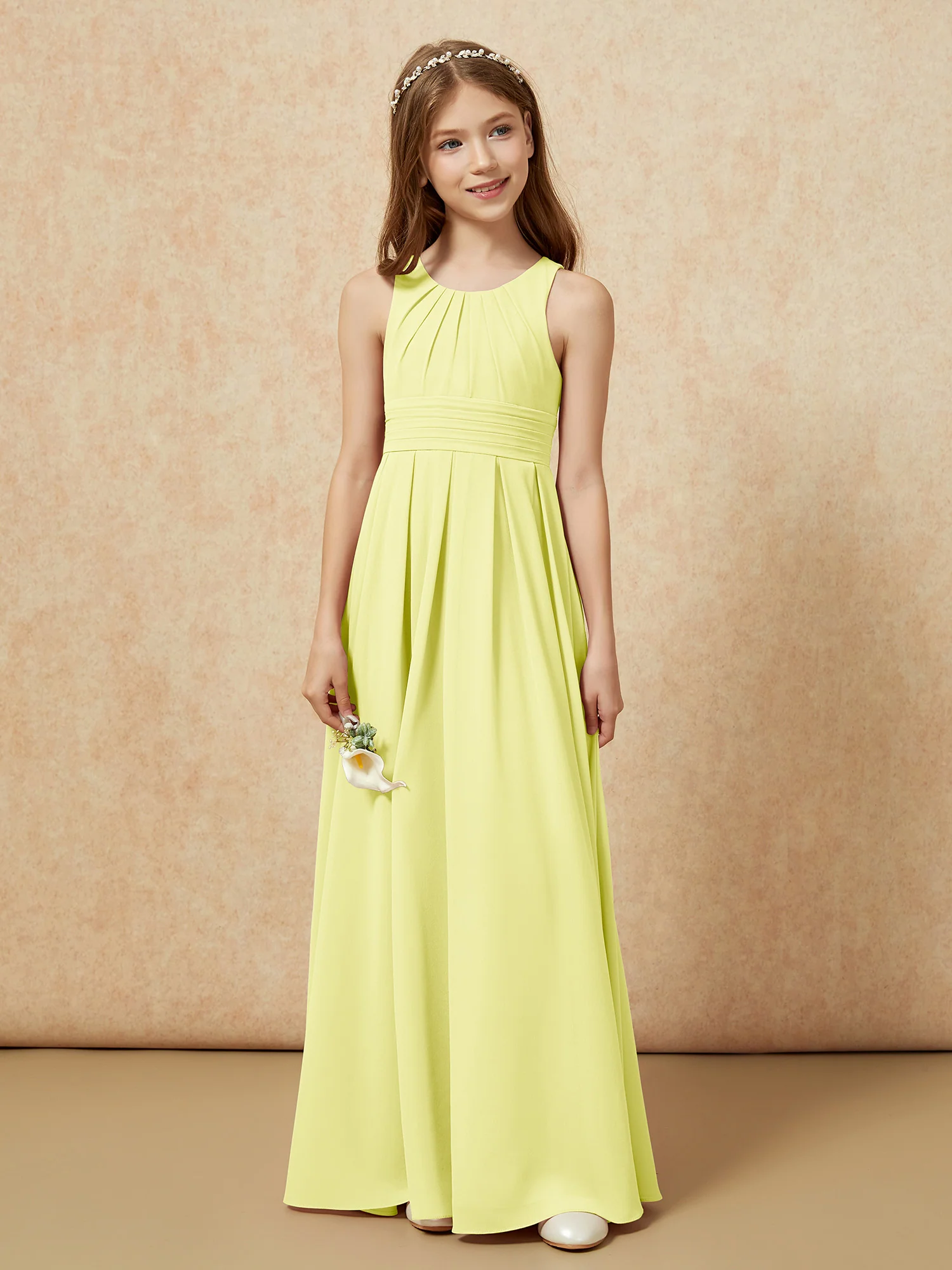 Scoop Neck Pleated Long Junior Bridesmaid Dresses Daffodil - Image 4