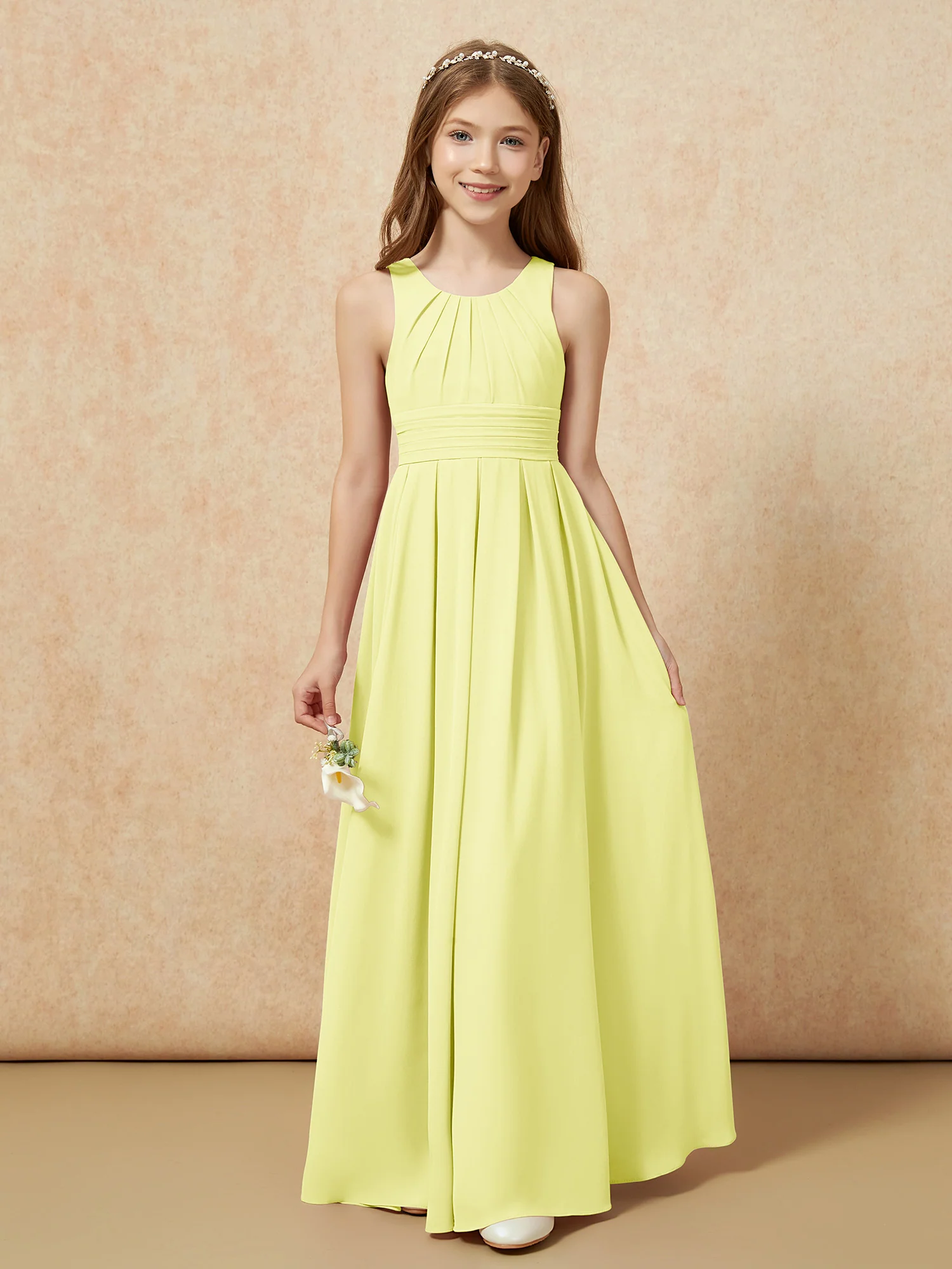Scoop Neck Pleated Long Junior Bridesmaid Dresses Daffodil - Image 5