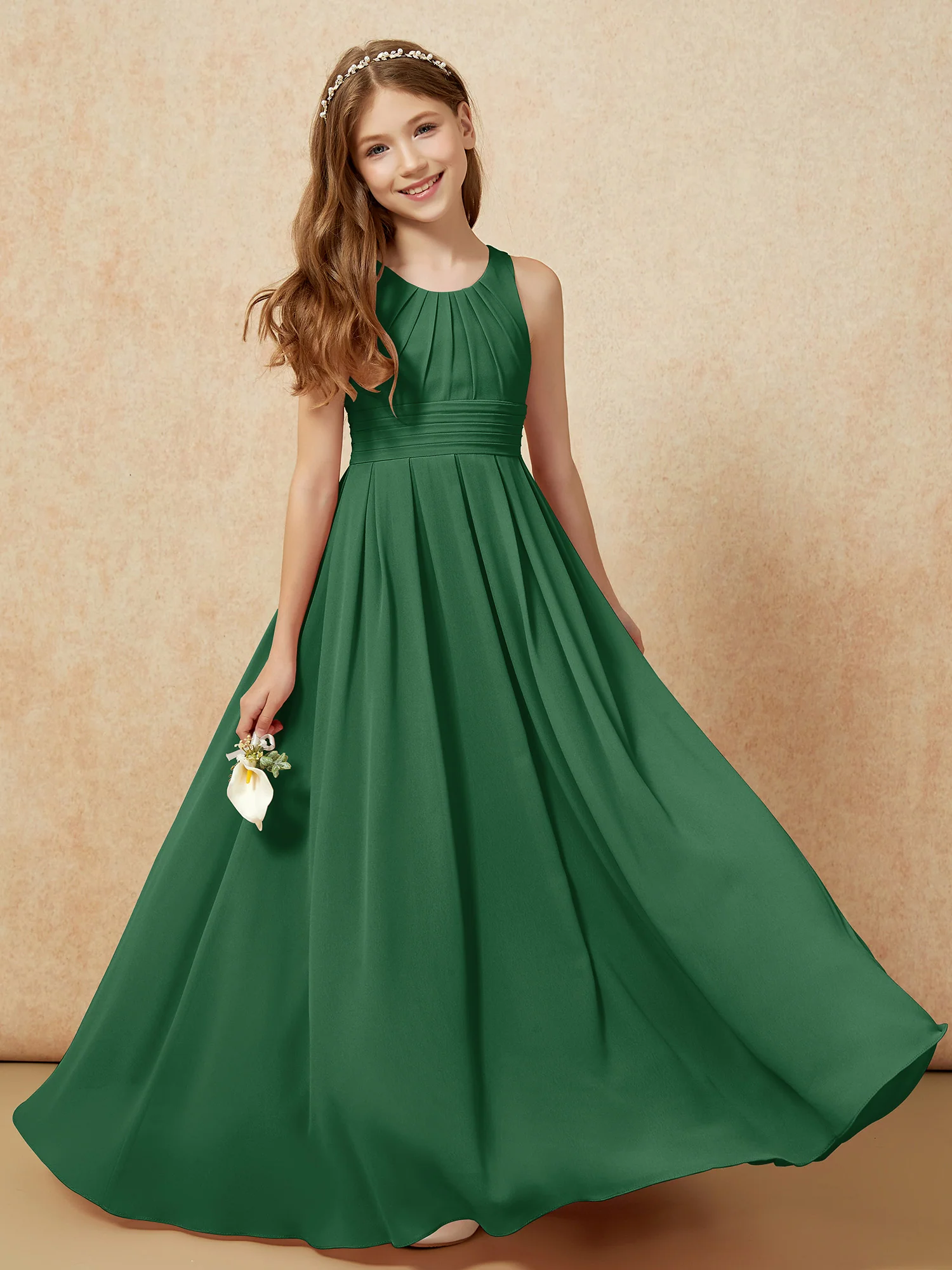 Scoop Neck Pleated Long Junior Bridesmaid Dresses Dark Green