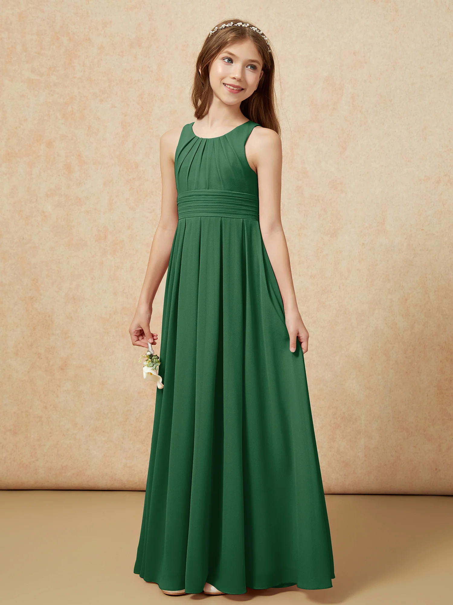 Scoop Neck Pleated Long Junior Bridesmaid Dresses Dark Green - Image 3