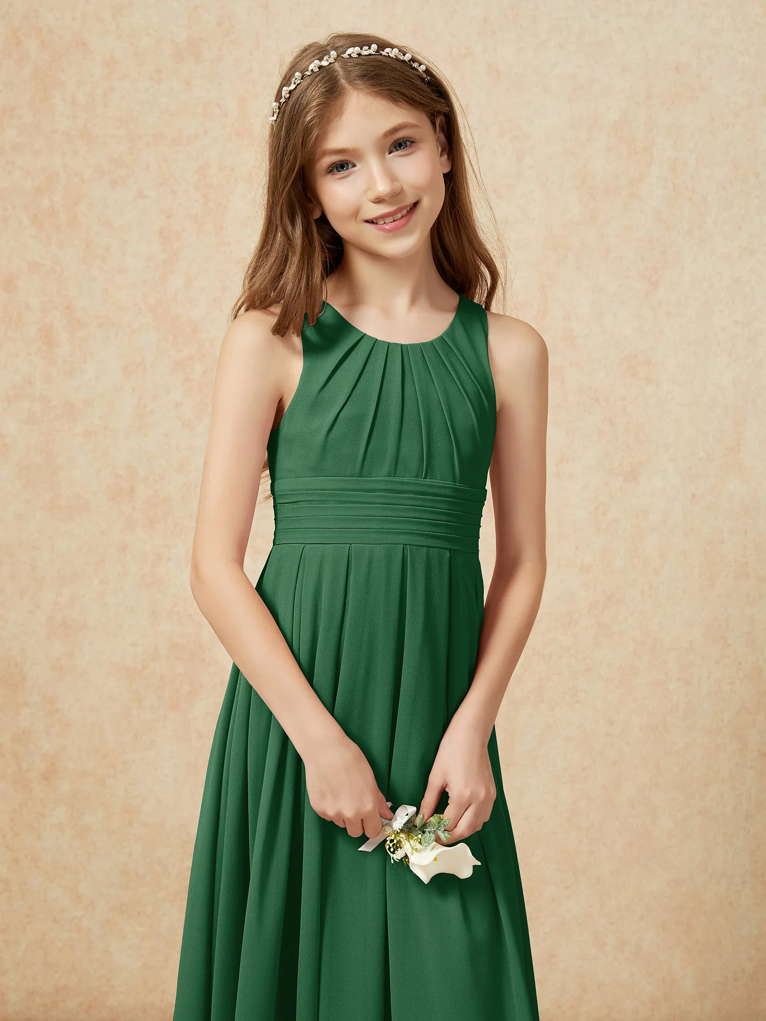 Scoop Neck Pleated Long Junior Bridesmaid Dresses Dark Green - Image 6