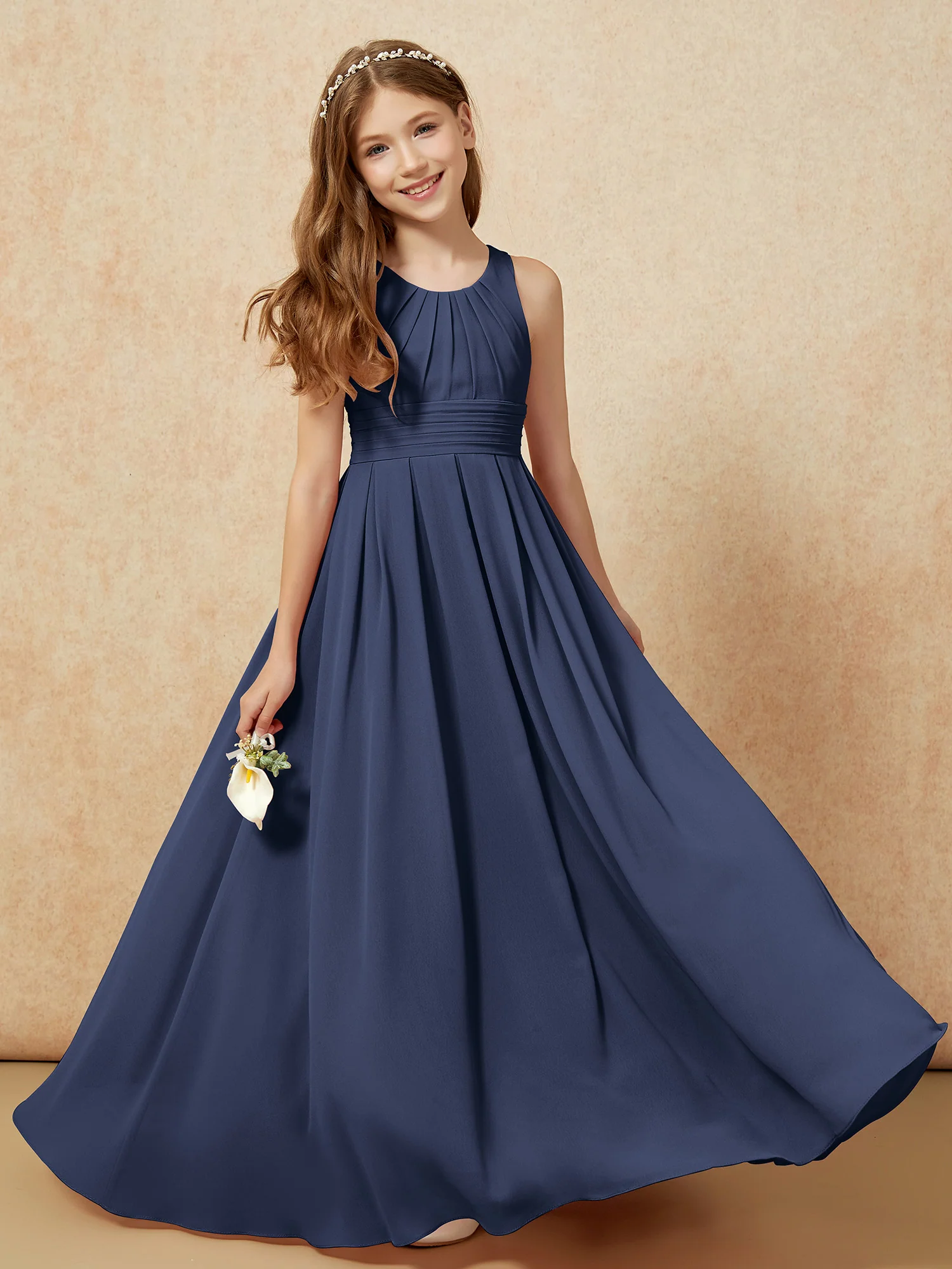Scoop Neck Pleated Long Junior Bridesmaid Dresses Dark Navy