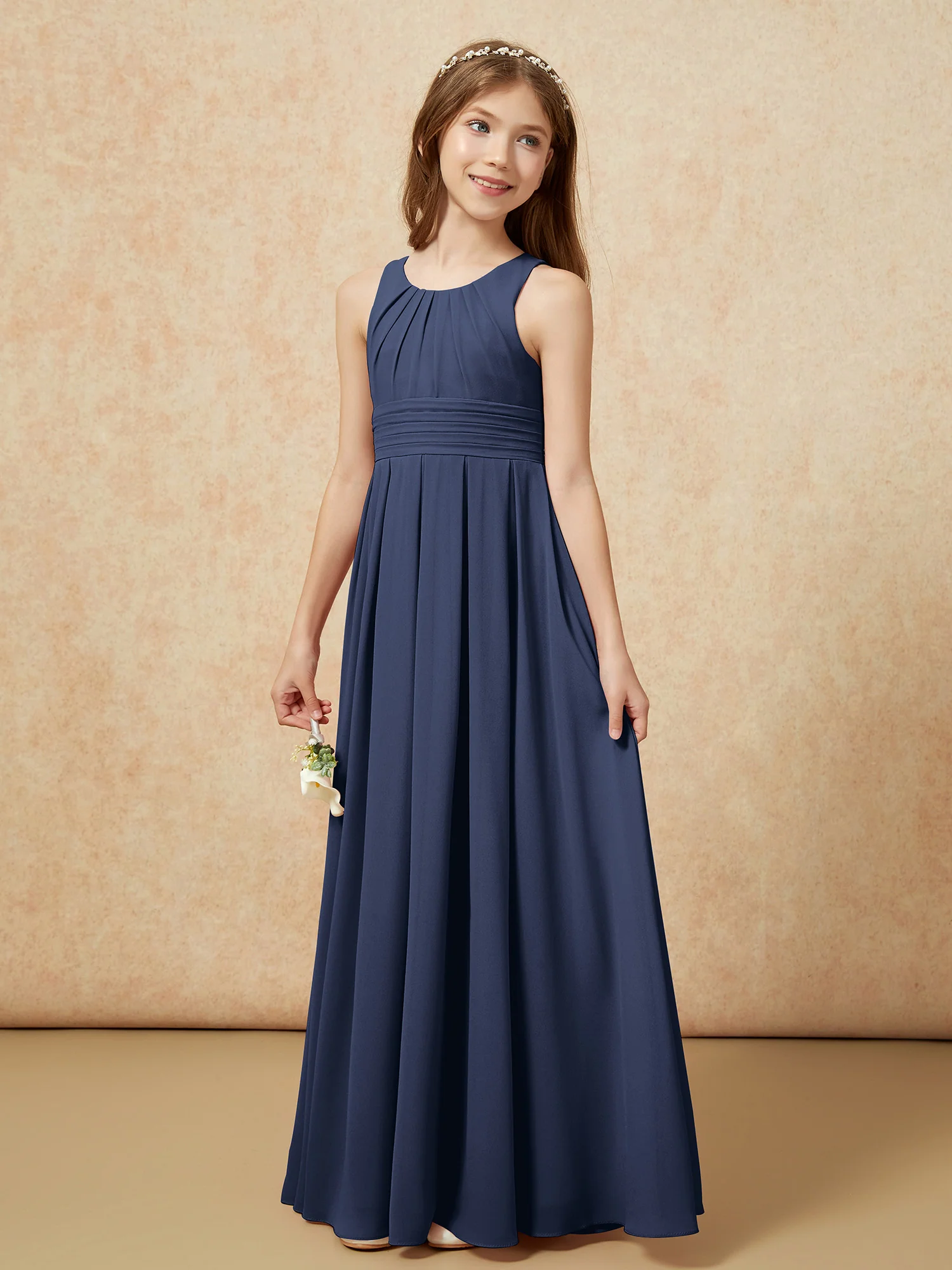 Scoop Neck Pleated Long Junior Bridesmaid Dresses Dark Navy - Image 3